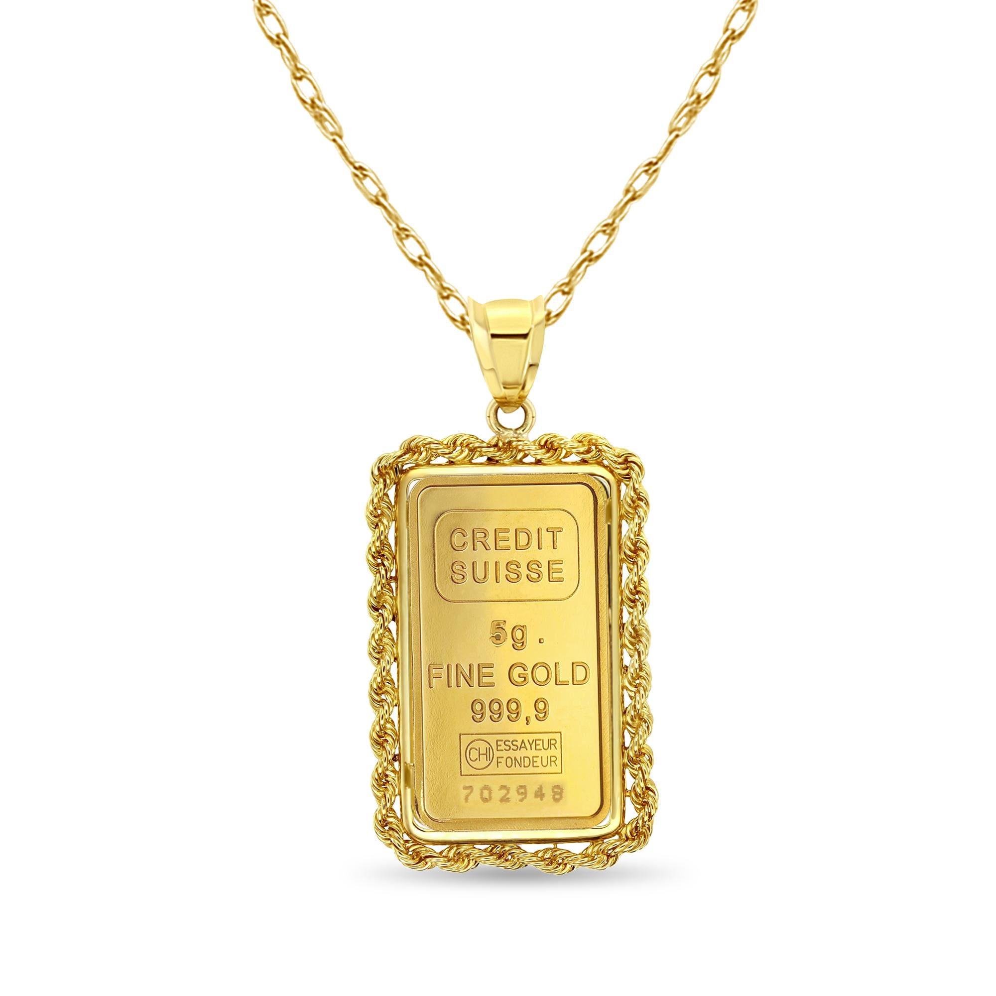Women's or Men's 5 Gram Credit Suisse Gold Bar with Rope Bezel Necklace For Sale