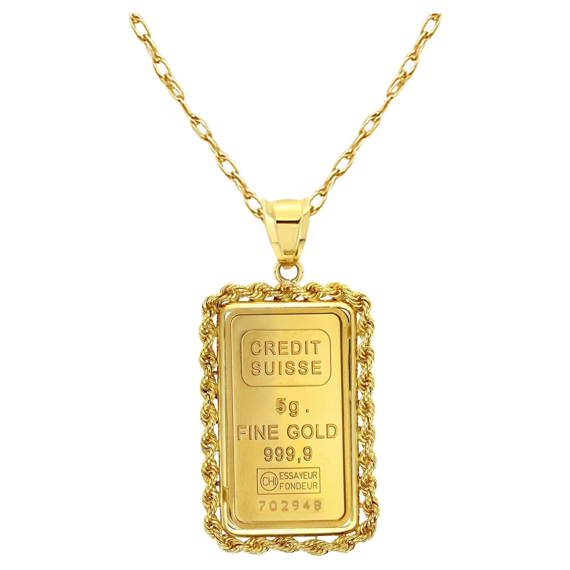 5 Gram Credit Suisse Gold Bar with Rope Bezel Necklace For Sale