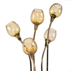 5-Head Gold Brass Mid-Century Modern Floor Lamp With Amber Glass Diffusers