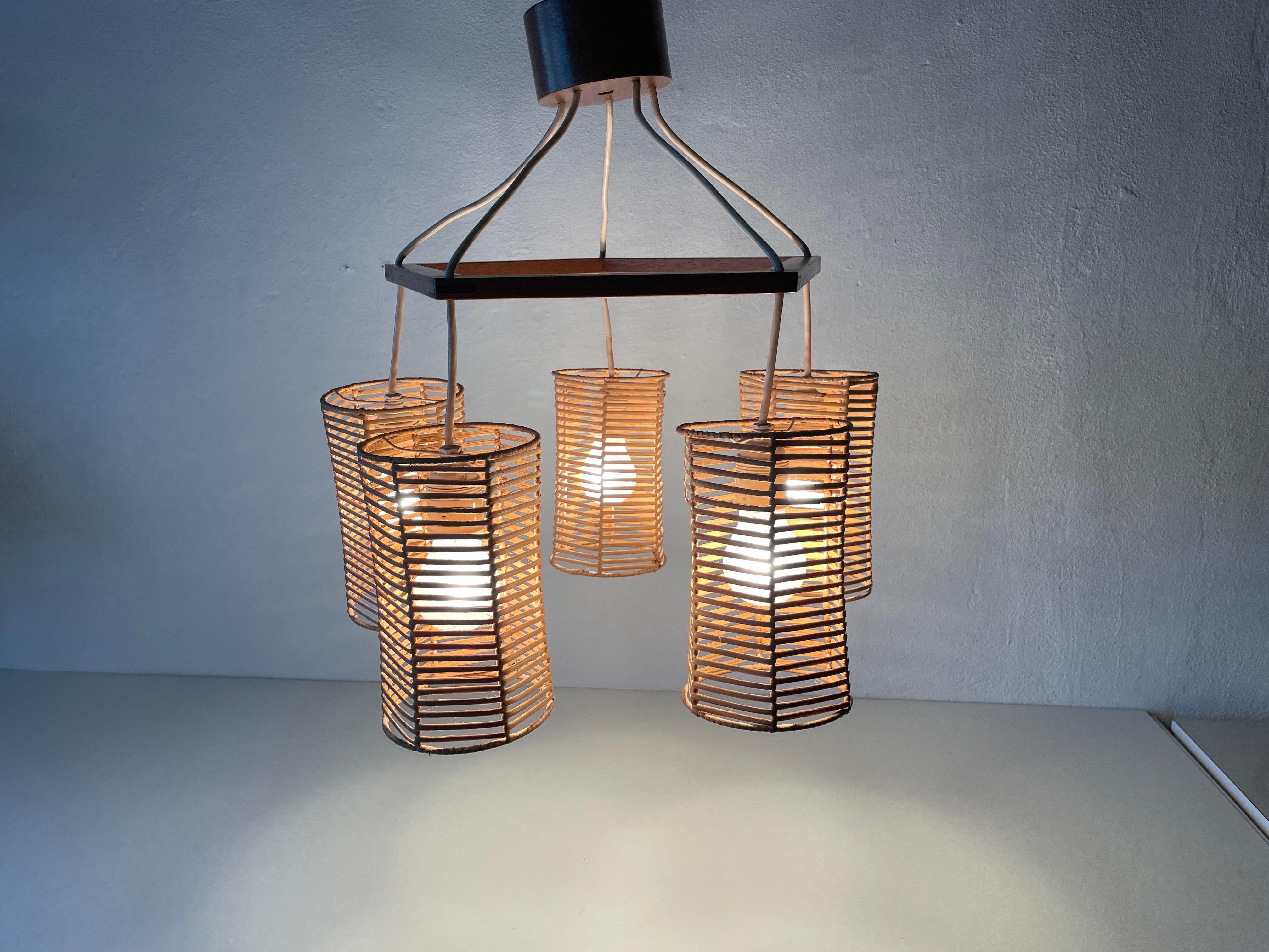 5-head Wicker and Wood Pendant Lamp, 1960s, Germany For Sale 5