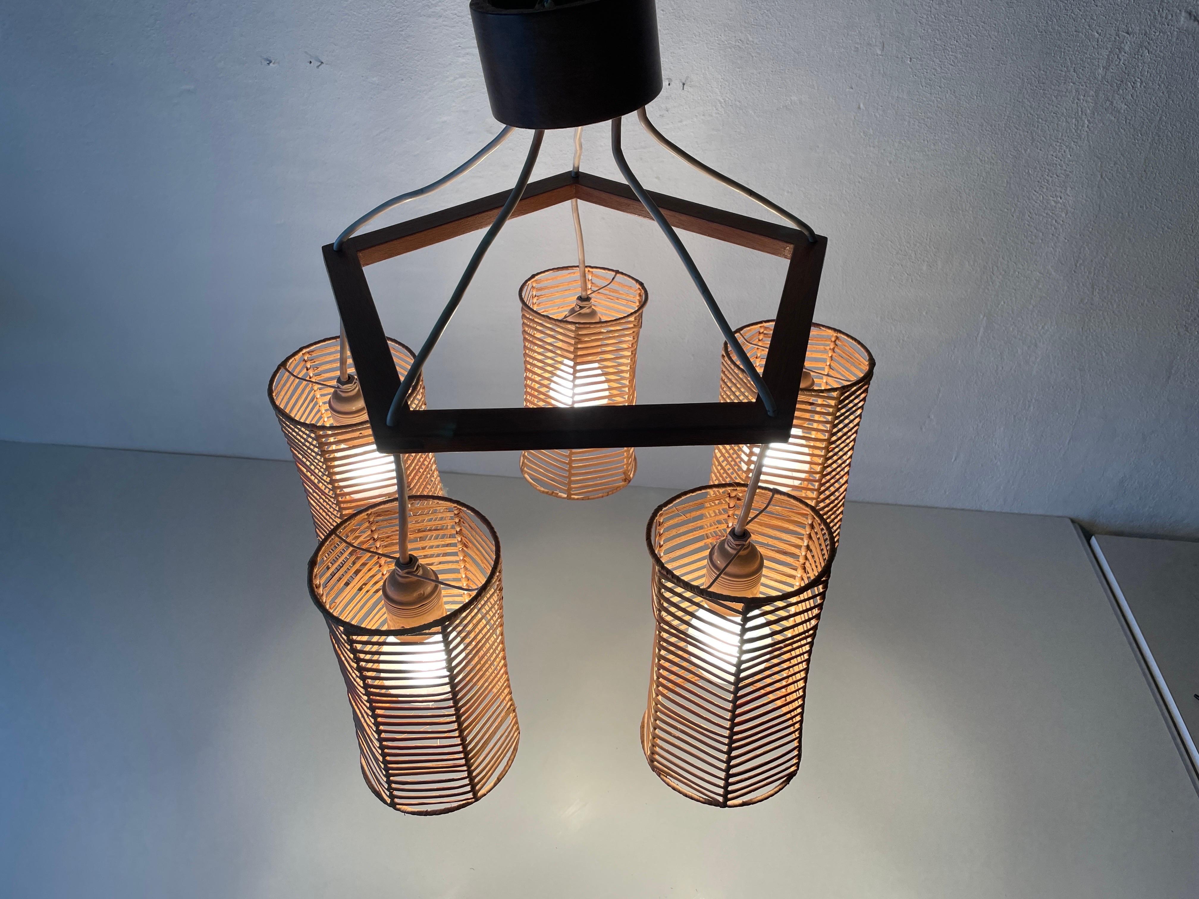 5-head Wicker and Wood Pendant Lamp, 1960s, Germany For Sale 6