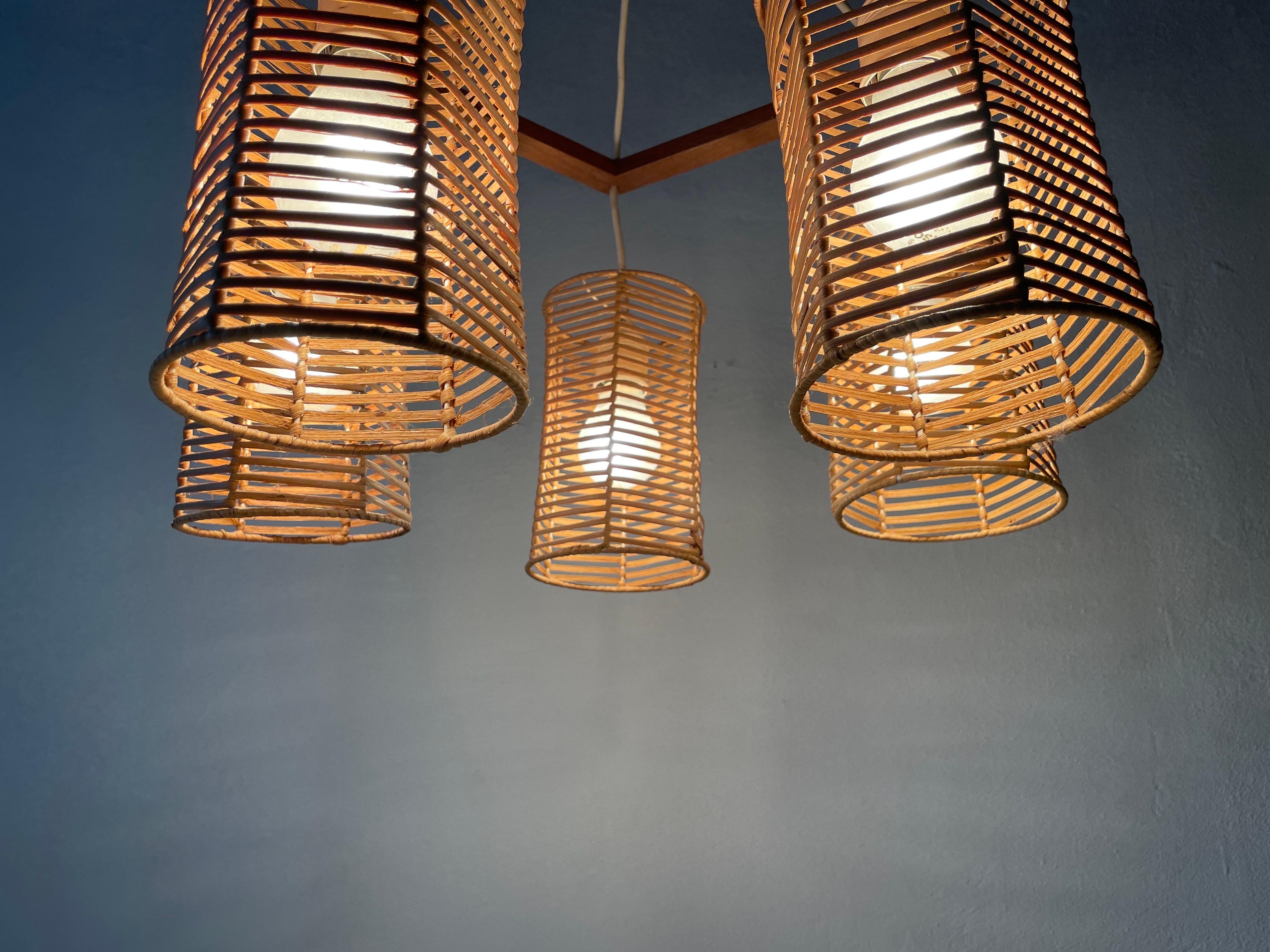 5-head Wicker and Wood Pendant Lamp, 1960s, Germany For Sale 7