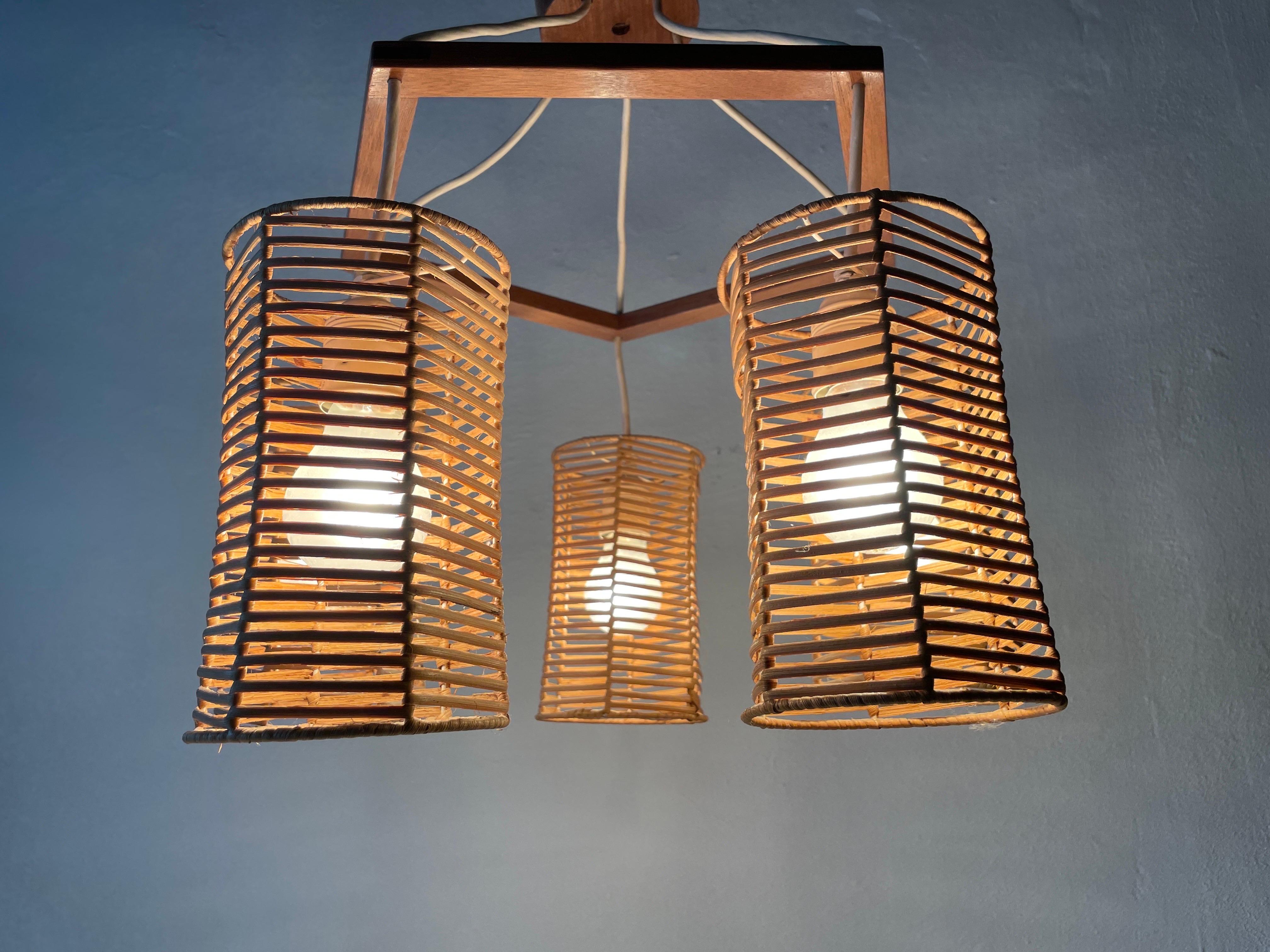 5-head Wicker and Wood Pendant Lamp, 1960s, Germany For Sale 8