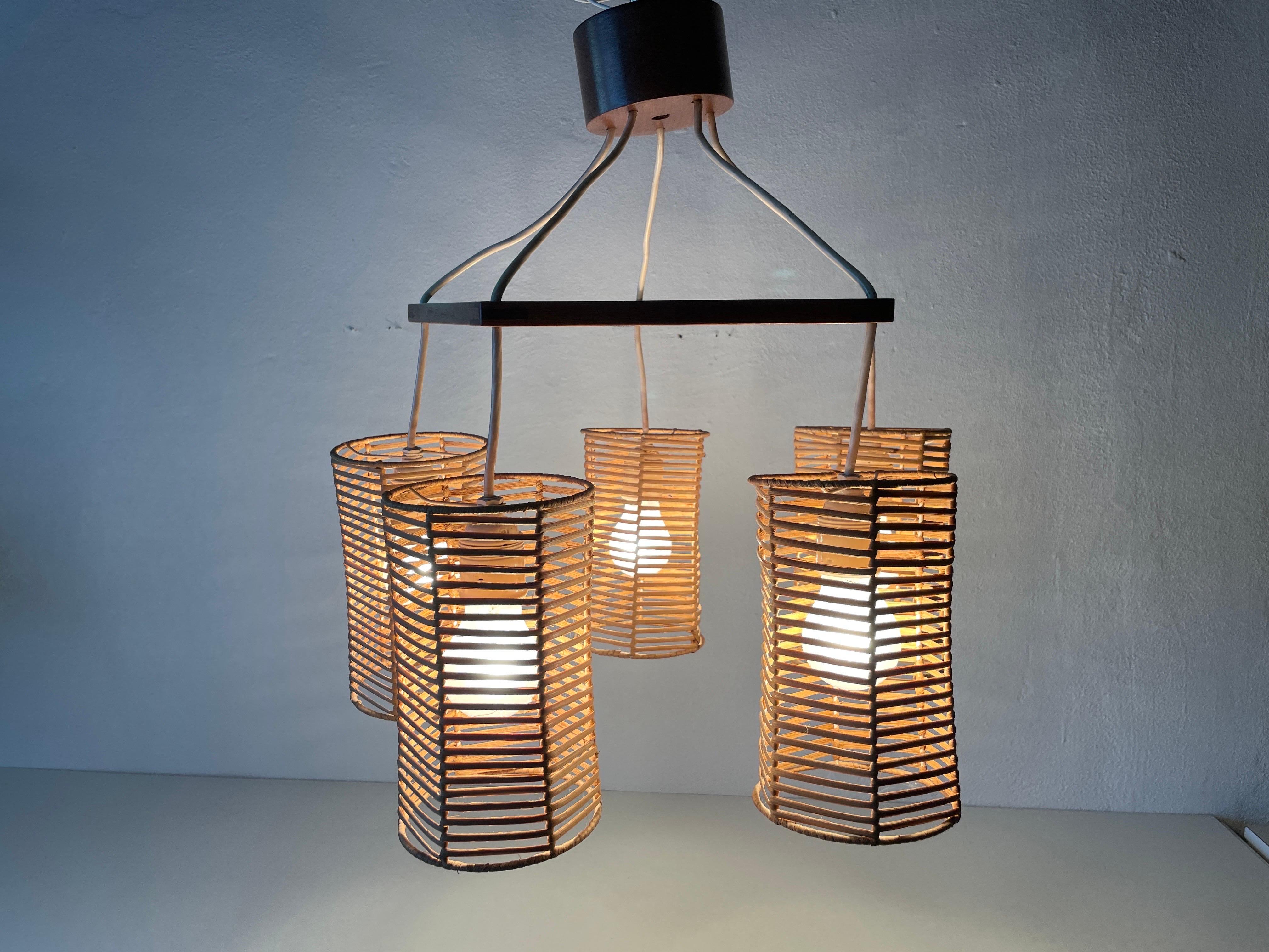 5-head Wicker and Wood Pendant Lamp, 1960s, Germany For Sale 9