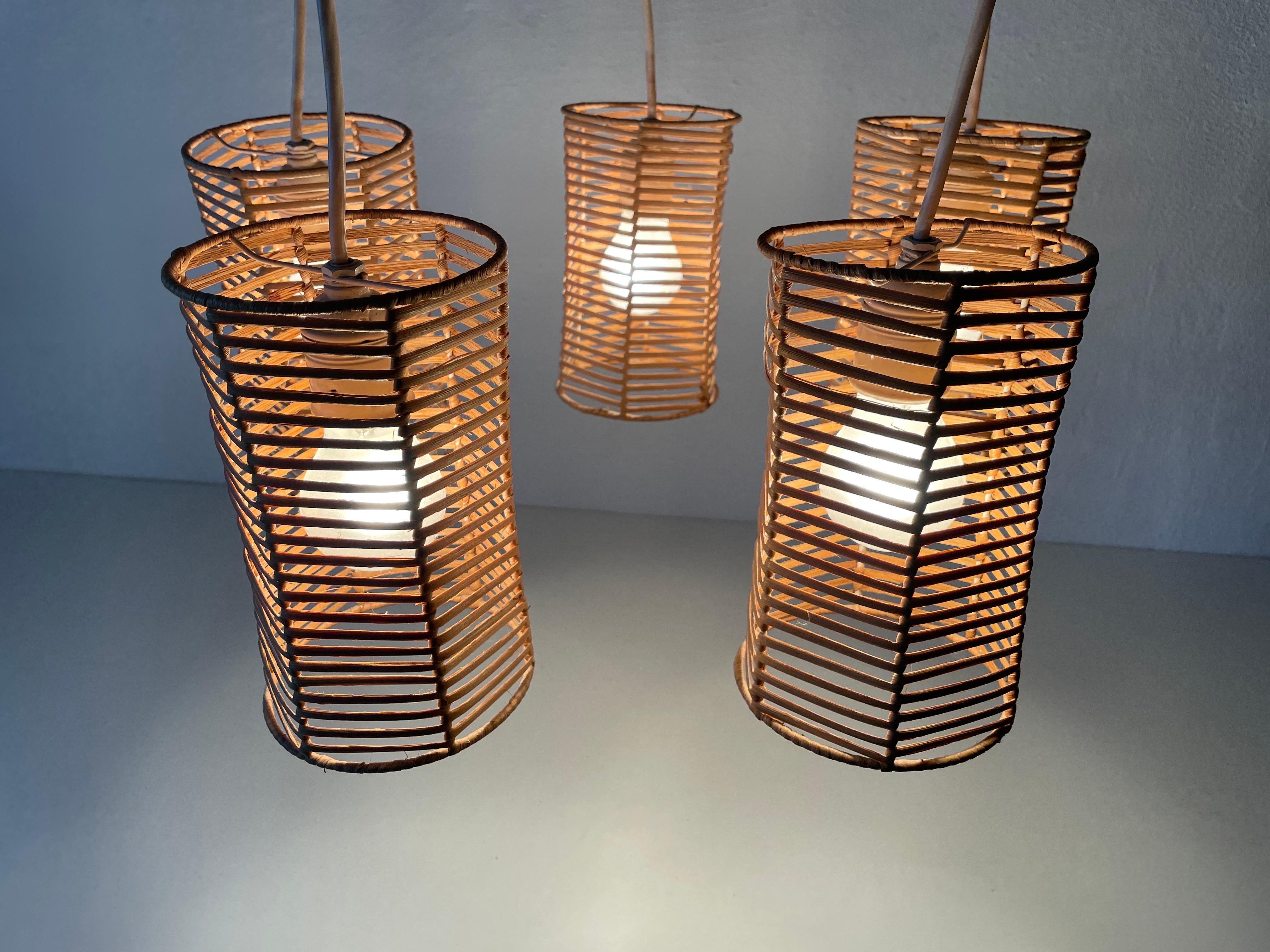5-head Wicker and Wood Pendant Lamp, 1960s, Germany For Sale 10