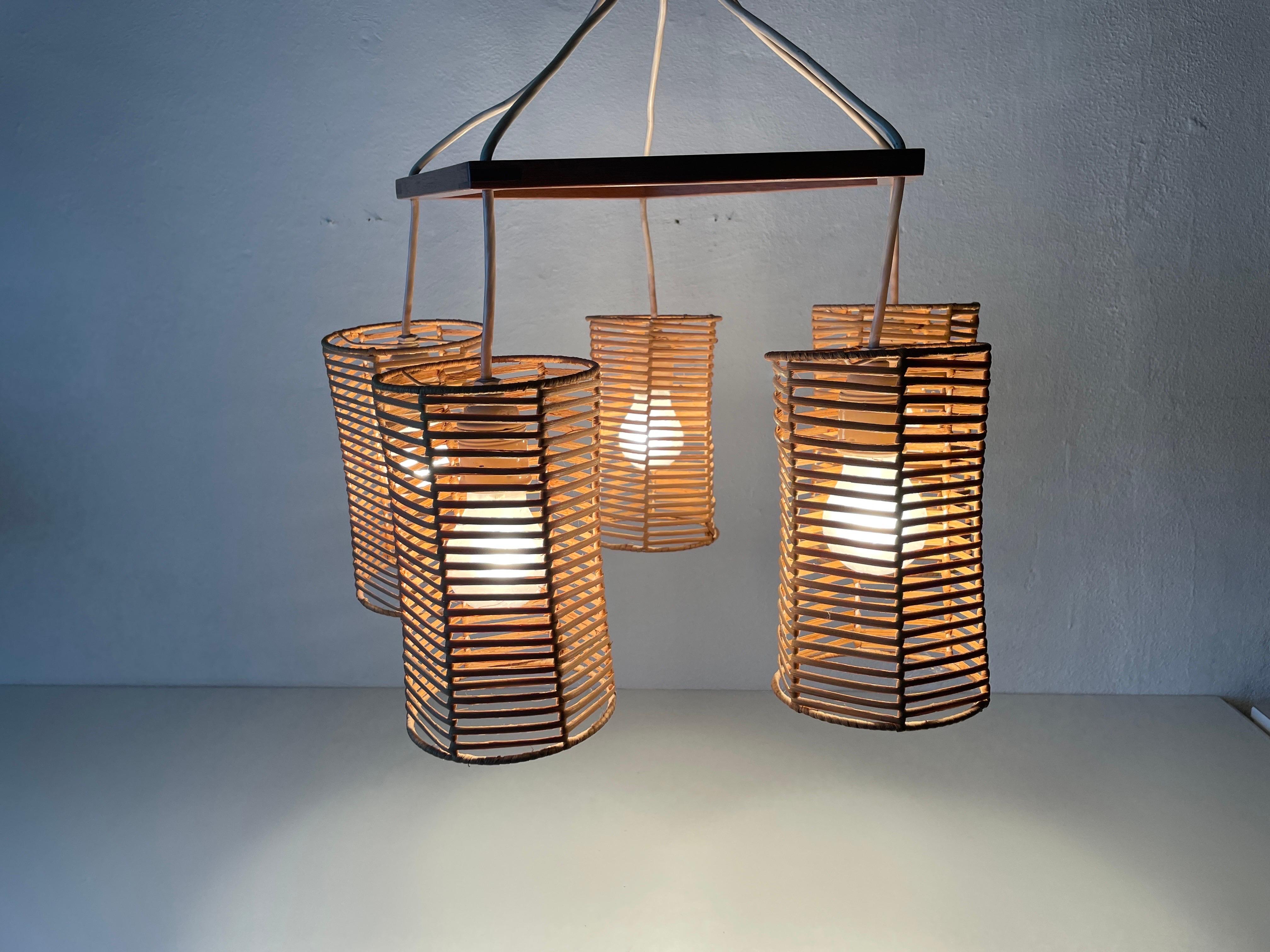 5-head Wicker and Wood Pendant Lamp, 1960s, Germany For Sale 11