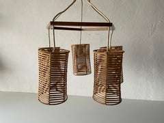 5-head Wicker and Wood Pendant Lamp, 1960s, Germany