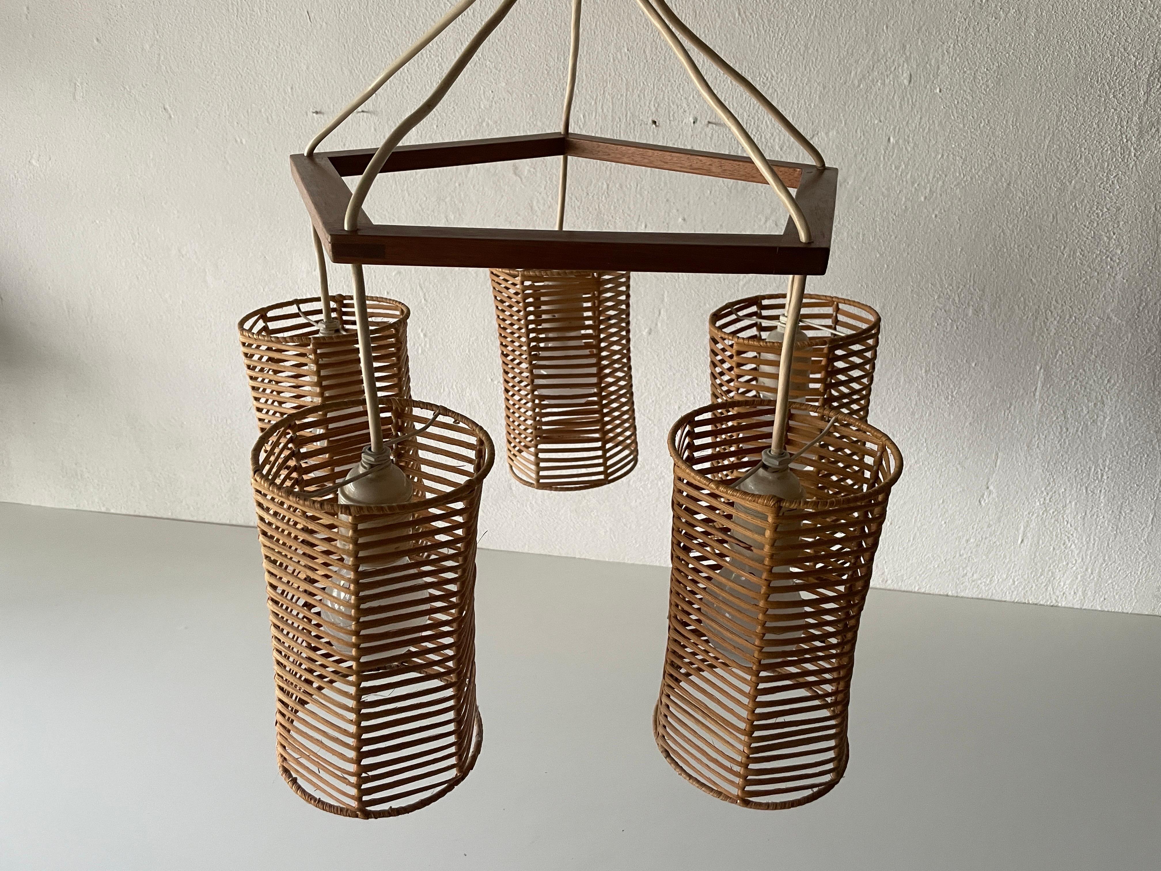 5-head Wicker and Wood Pendant Lamp, 1960s, Germany For Sale 3