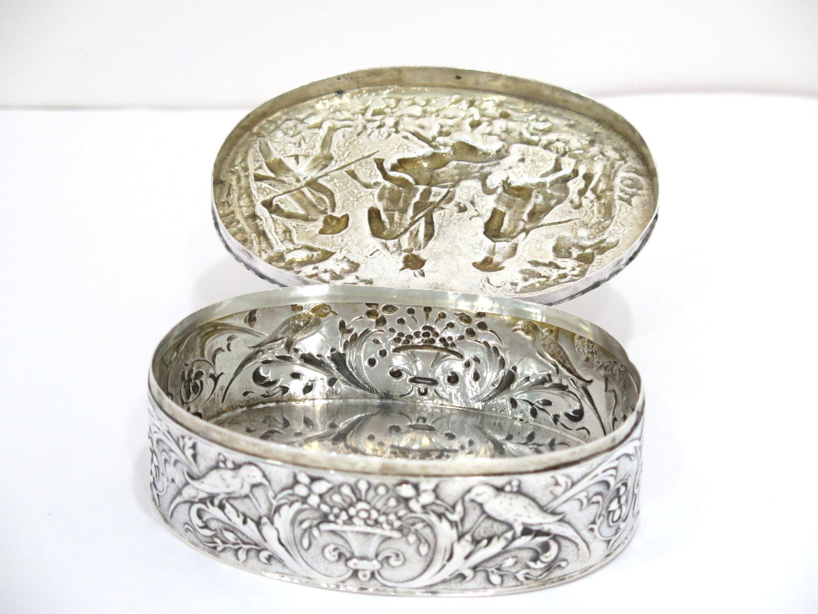 20th Century European Silver Antique German Boar Hunting Scene Oval Box For Sale
