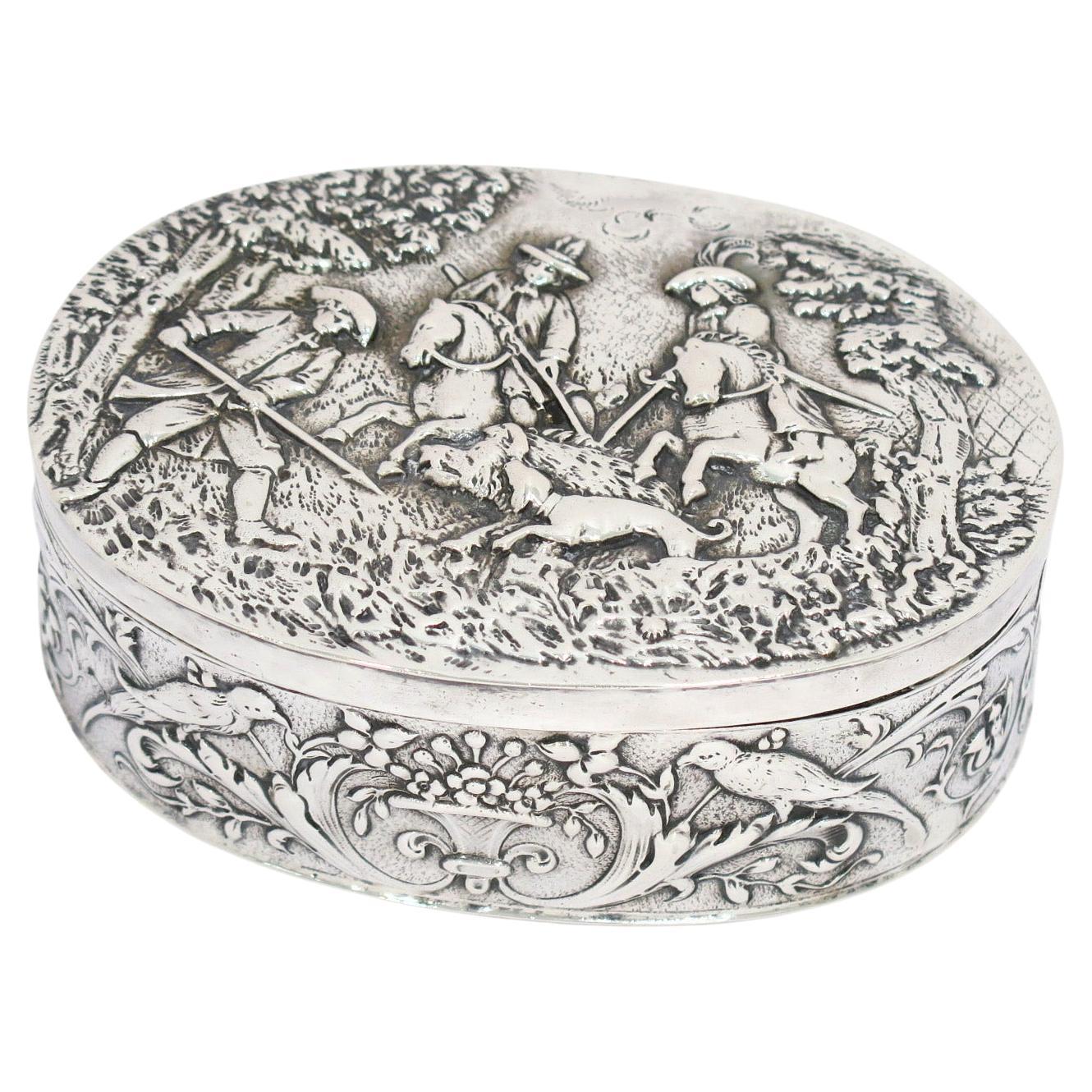 European Silver Antique German Boar Hunting Scene Oval Box For Sale