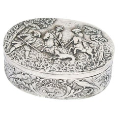 European Silver Antique German Boar Hunting Scene Oval Box