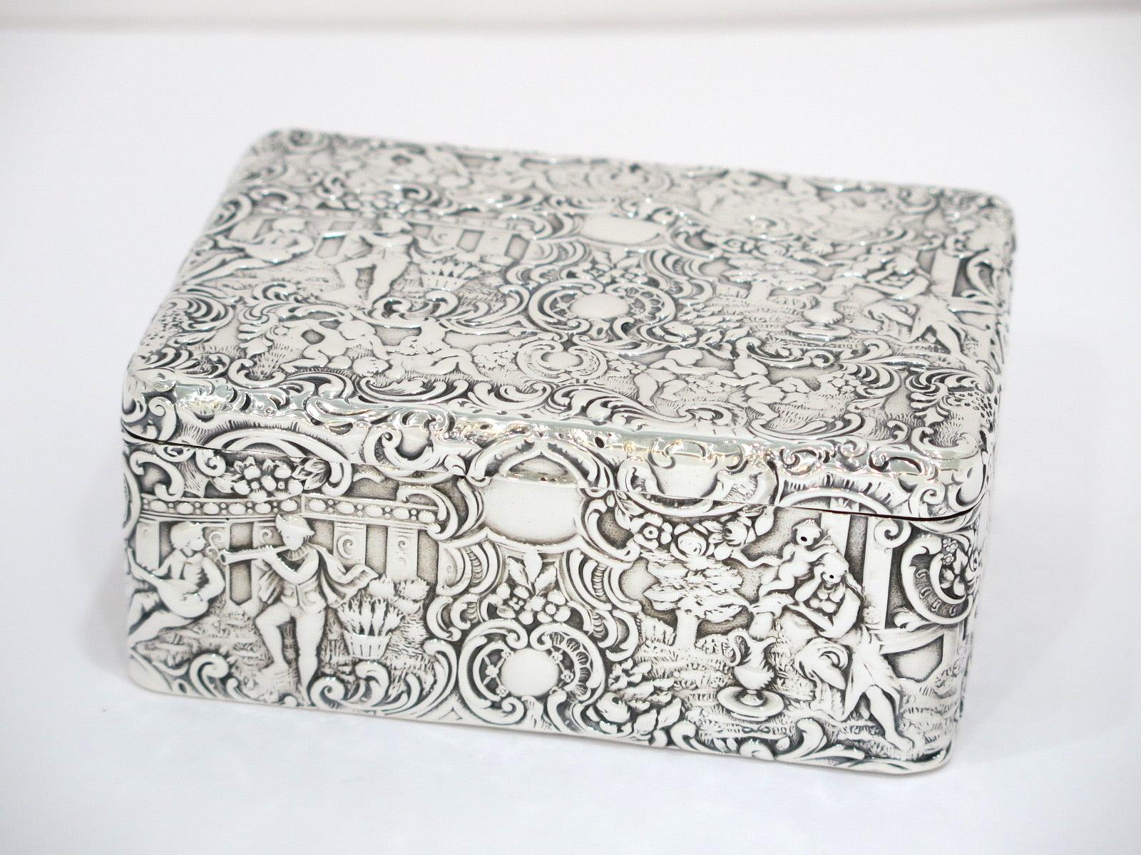 American Sterling Silver Mauser Antique Playing Music Scene Floral Scroll Box For Sale