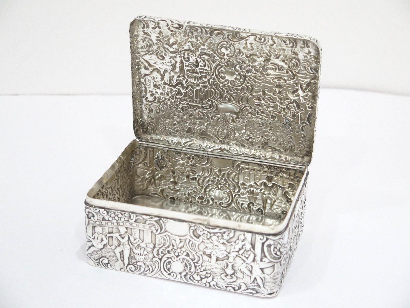 20th Century Sterling Silver Mauser Antique Playing Music Scene Floral Scroll Box For Sale