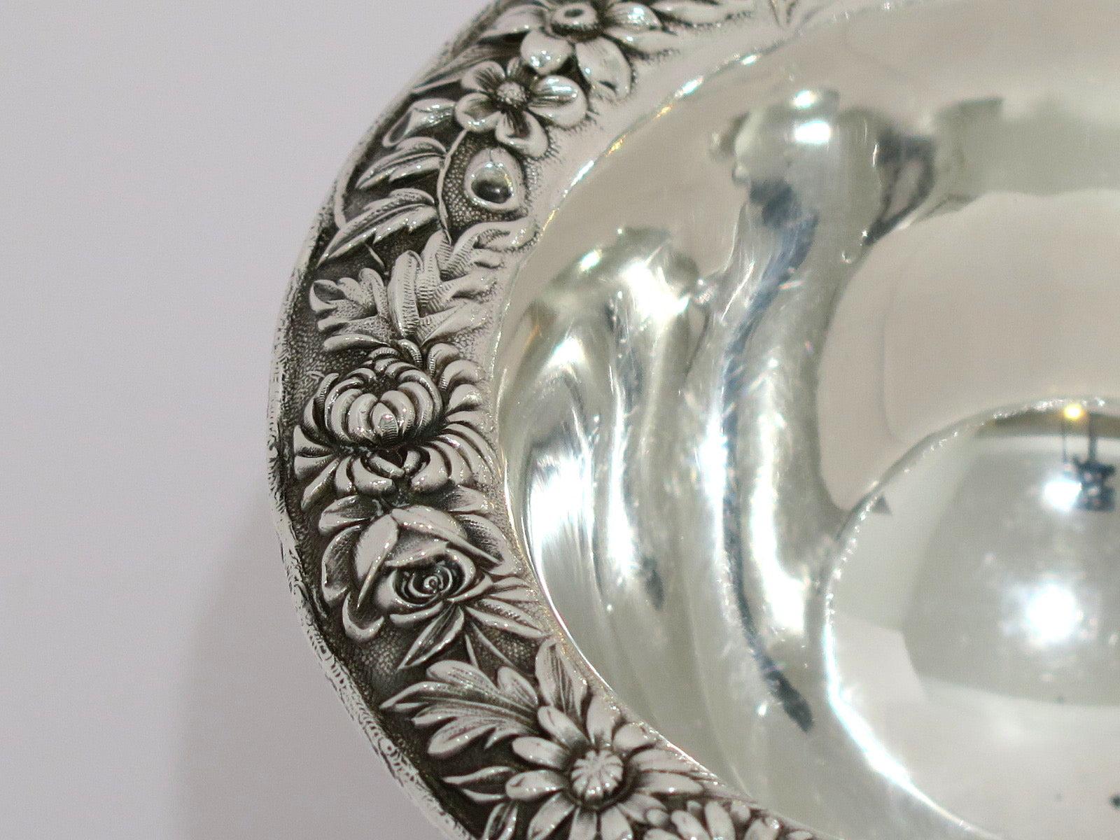 American 5 in Sterling Silver S. Kirk & Son Antique Floral Repousse Footed Candy Nut Dish