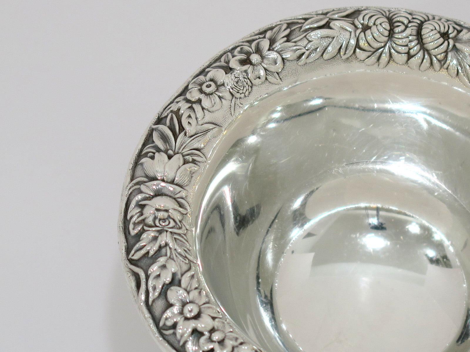 American 5 in Sterling Silver S. Kirk & Son Vintage Floral Repousse Footed Candy Nut Dish