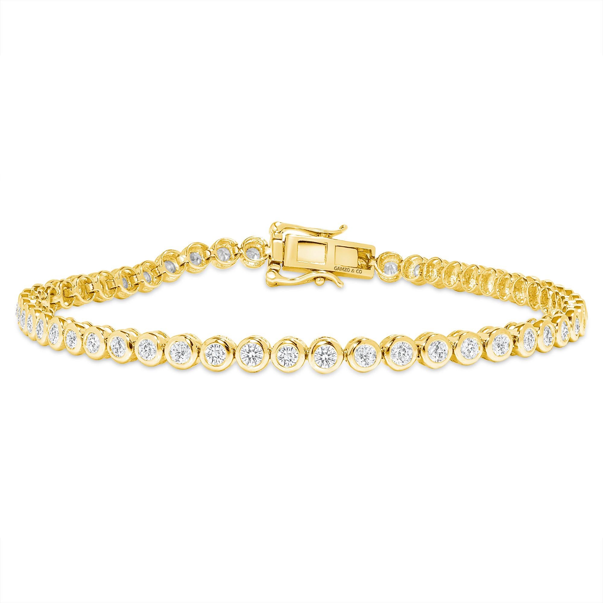 These beautiful round diamonds dance around your wrist as they absorb light and attention.
Metal: 14k Gold
Diamond Cut: Round
Diamond Total Carats: 5ct
Diamond Clarity: VS
Diamond Color: F
Color: Yellow Gold
Bracelet Length: 5 Inches 
Included with