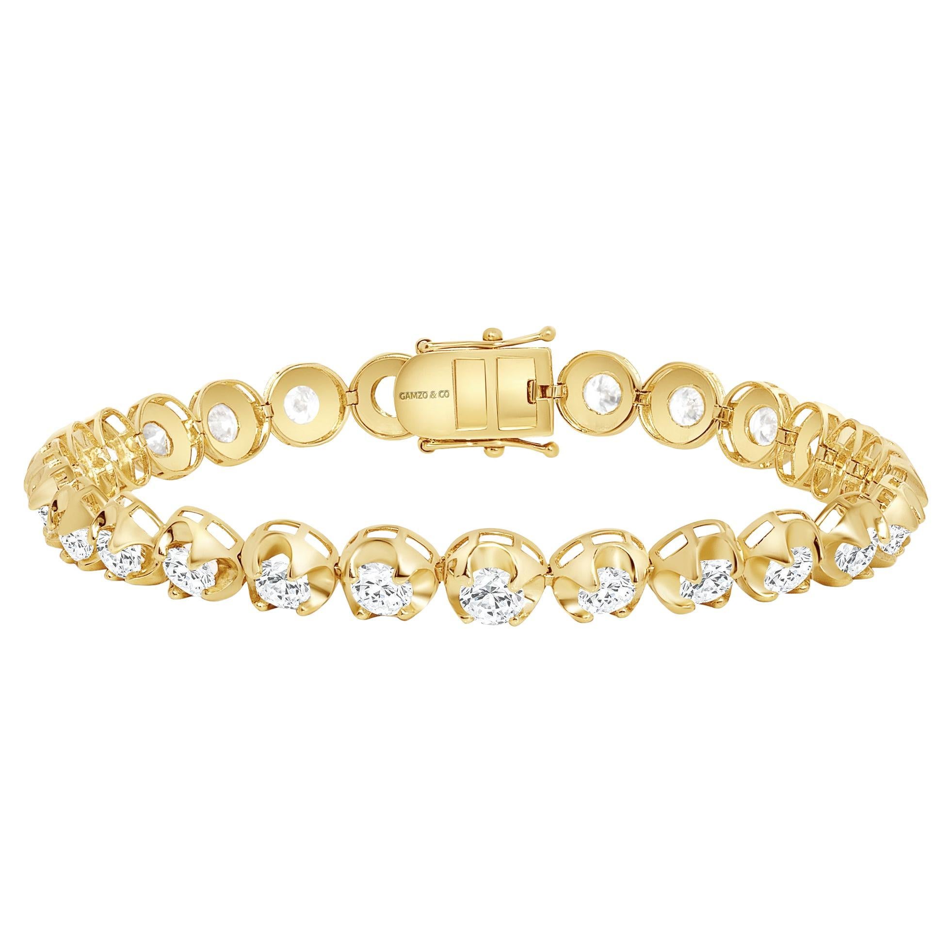 14k Yellow Gold 7 Carat Round Diamond Illusion Setting Tennis Bracelet For Sale