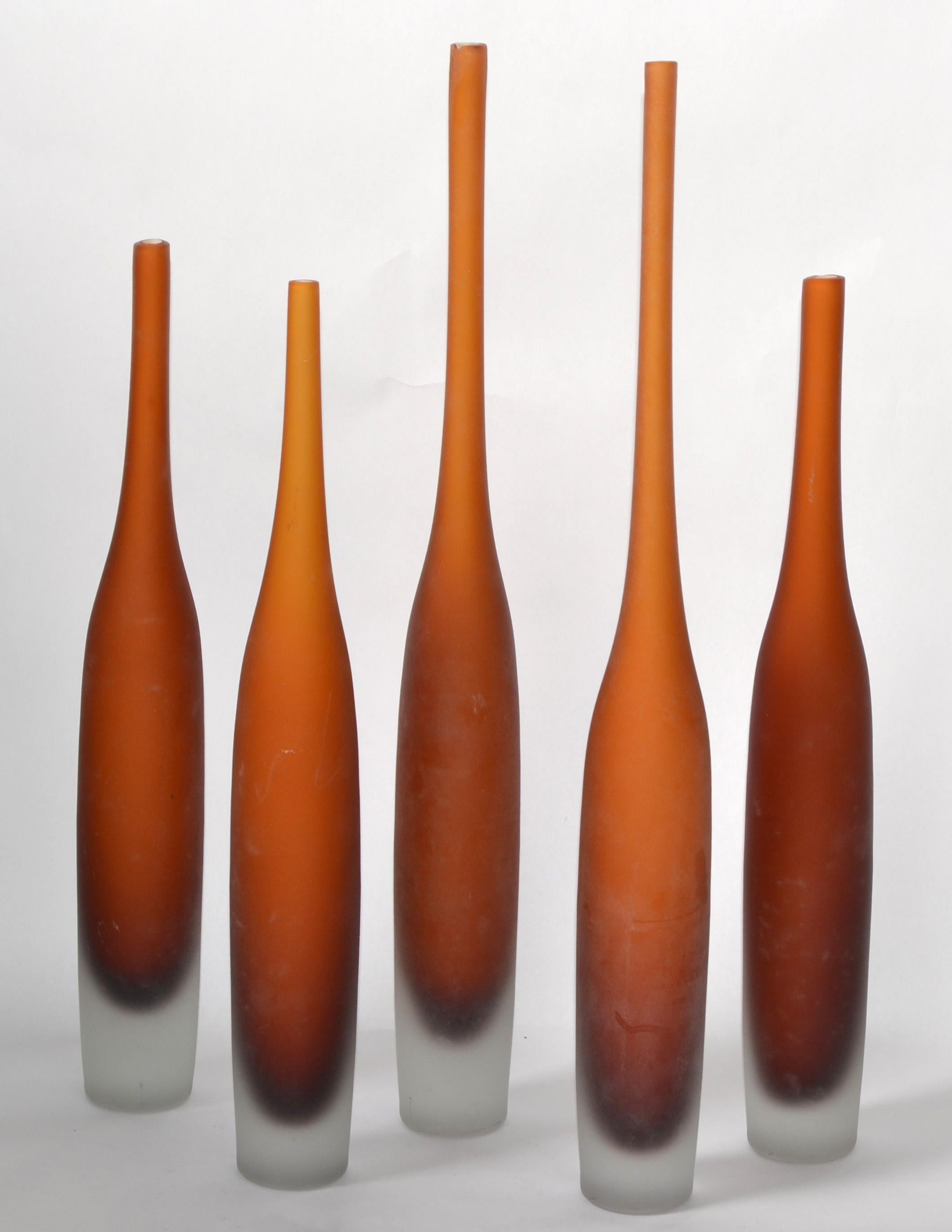 Hand-Crafted 5 Italian Burnt Orange Color Scavo Glass Wheat Vases Bottles Mid-Century Modern  For Sale