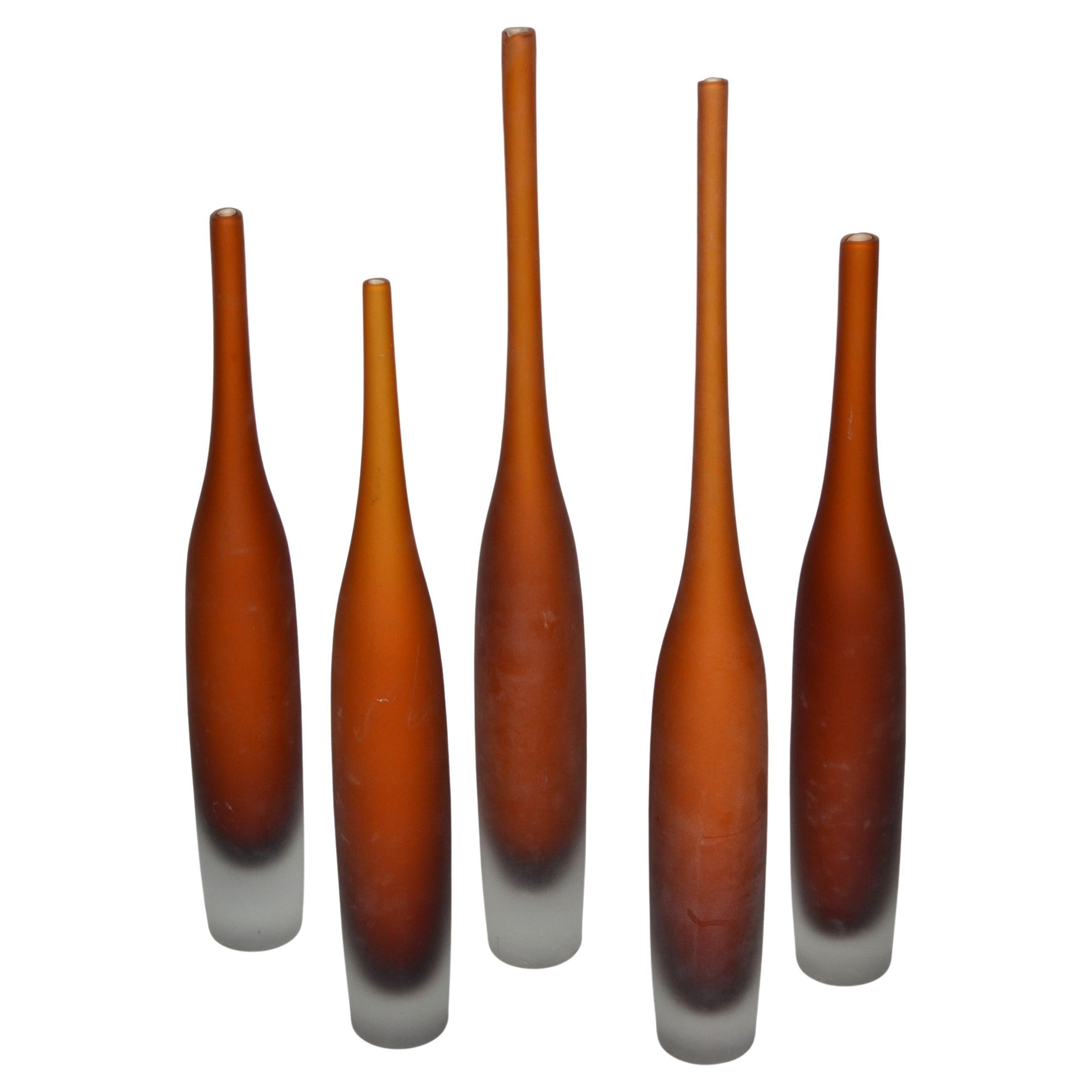 5 Italian Burnt Orange Color Scavo Glass Wheat Vases Bottles Mid-Century Modern  For Sale