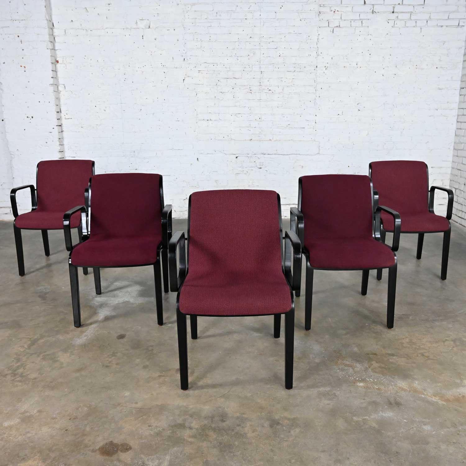 Wonderful vintage MCM or Mid-Century Modern bentwood 1300 Series dining armchairs with original maroon hopsacking upholstery and newly ebonized frames by Bill Stephens for Knoll set of 5. Beautiful condition, keeping in mind that these are vintage