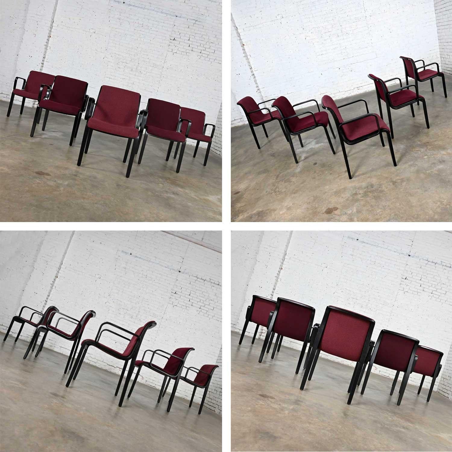 Fabric 5 Knoll MCM Bentwood 1300 Series Dining Chairs Maroon & Black by Bill Stephens For Sale