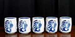 5 Large Japanese Blue and White Tea Cups of Mid-Century Studio Pottery