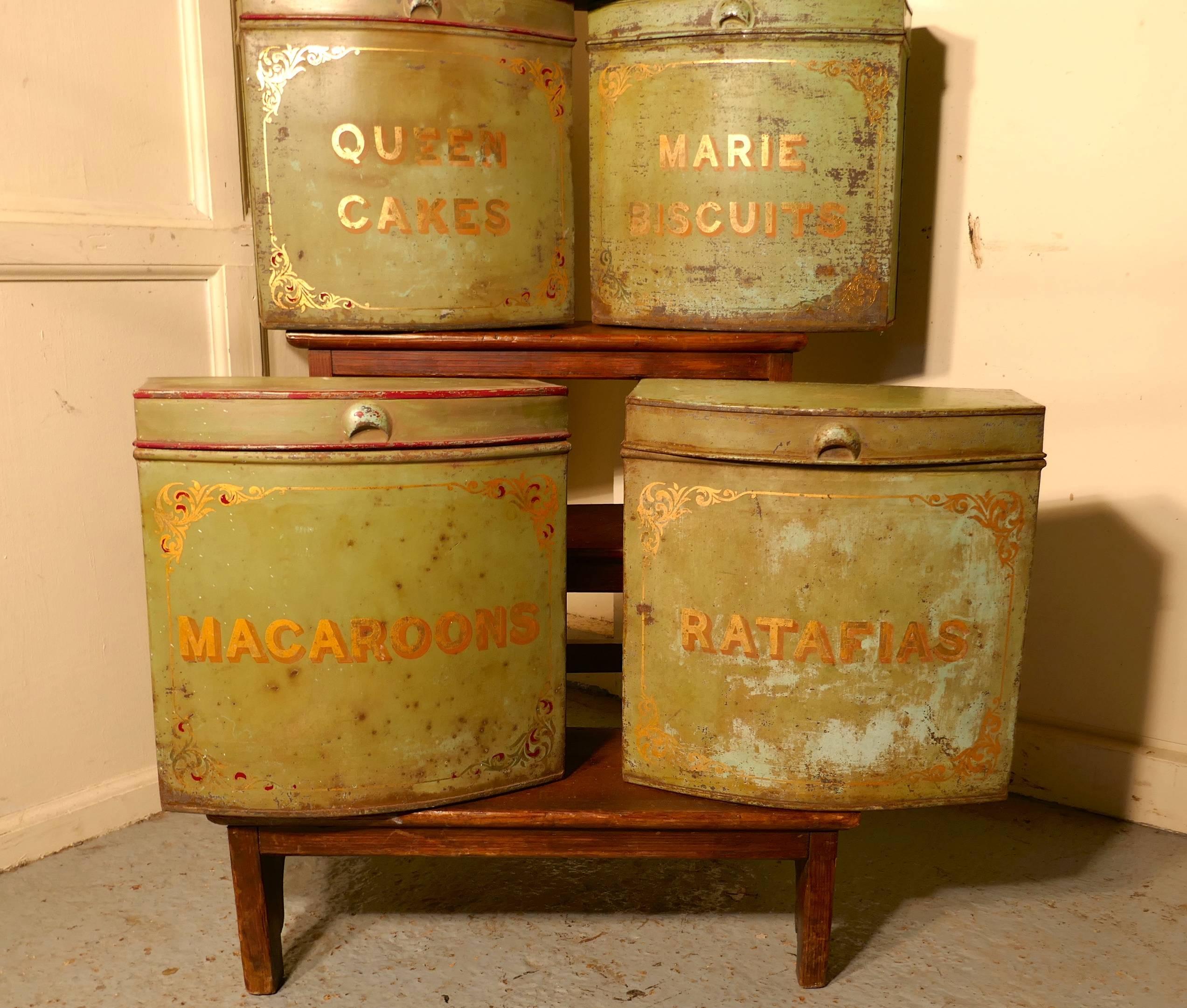 Five Large Victorian Baker’s Shop Tins, Toleware Biscuit Canisters 4