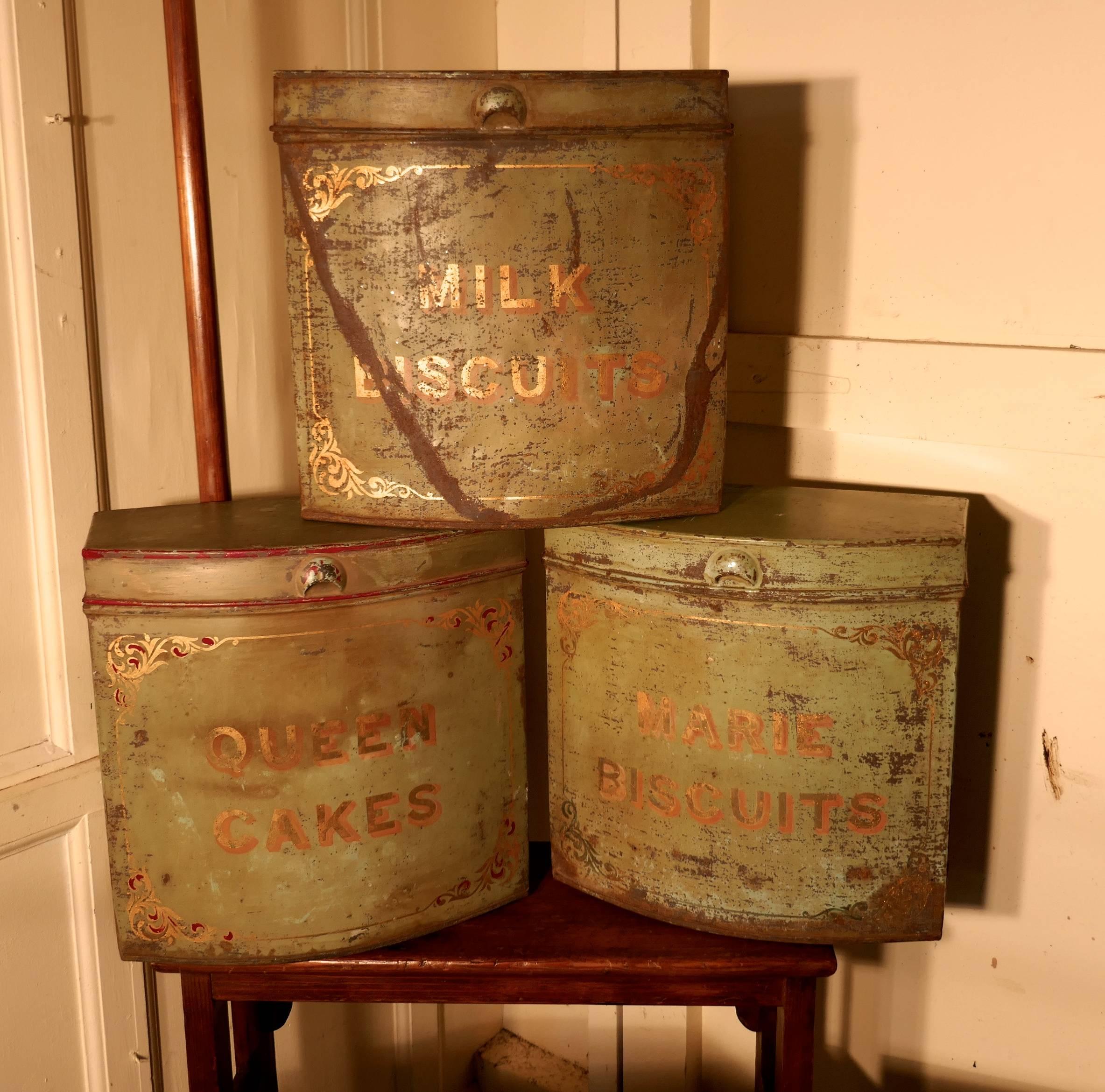 Five large Victorian Baker’s shop tins, toleware biscuit canisters

This is an amazing find, five matching 19th century Bakers biscuit tins, these are larger than the domestic type of storage tins, they are in a light green color, the name of each
