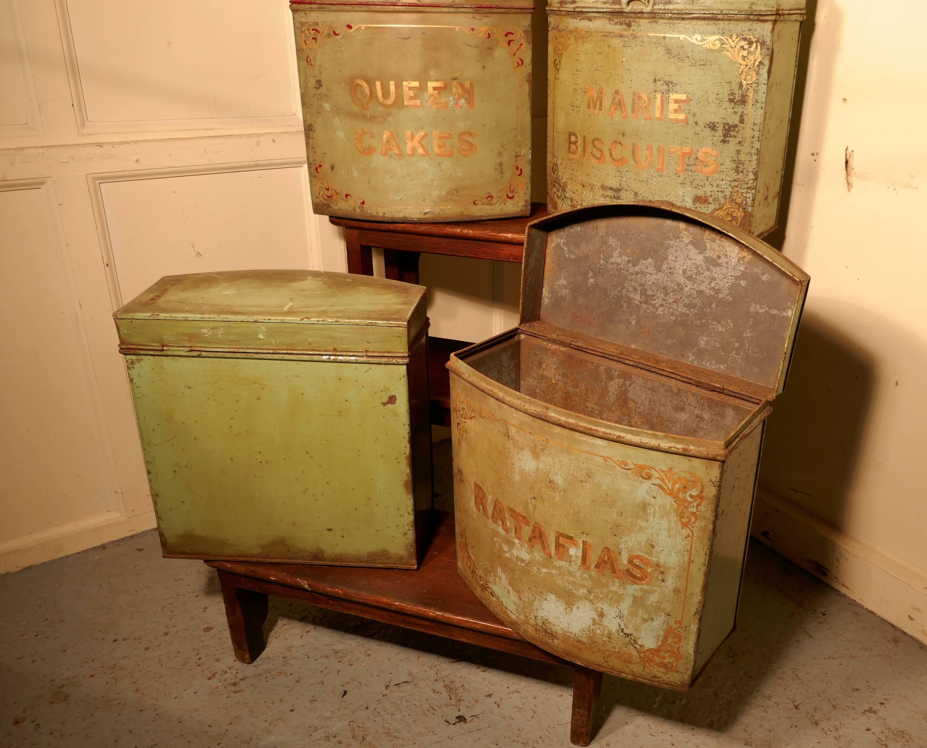 Industrial Five Large Victorian Baker’s Shop Tins, Toleware Biscuit Canisters