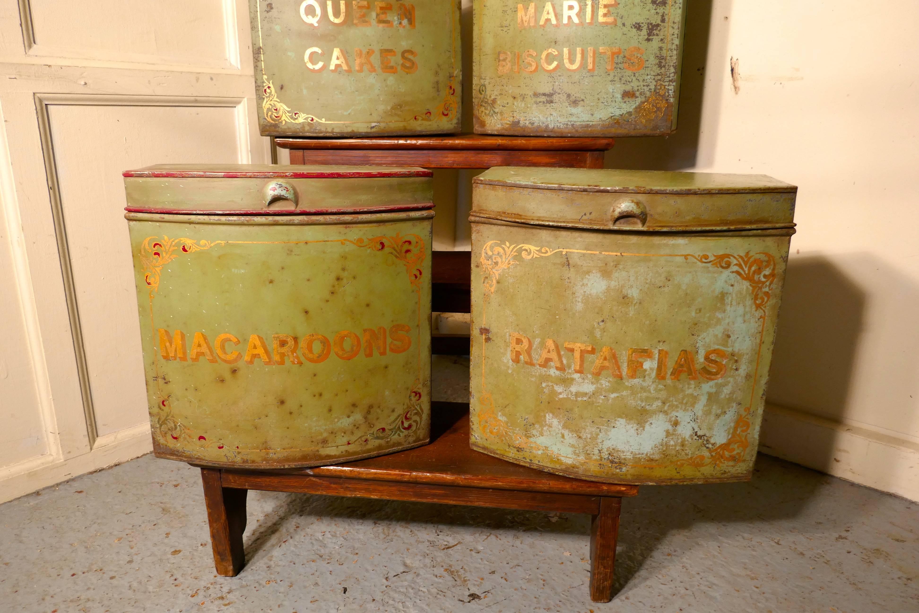 19th Century Five Large Victorian Baker’s Shop Tins, Toleware Biscuit Canisters