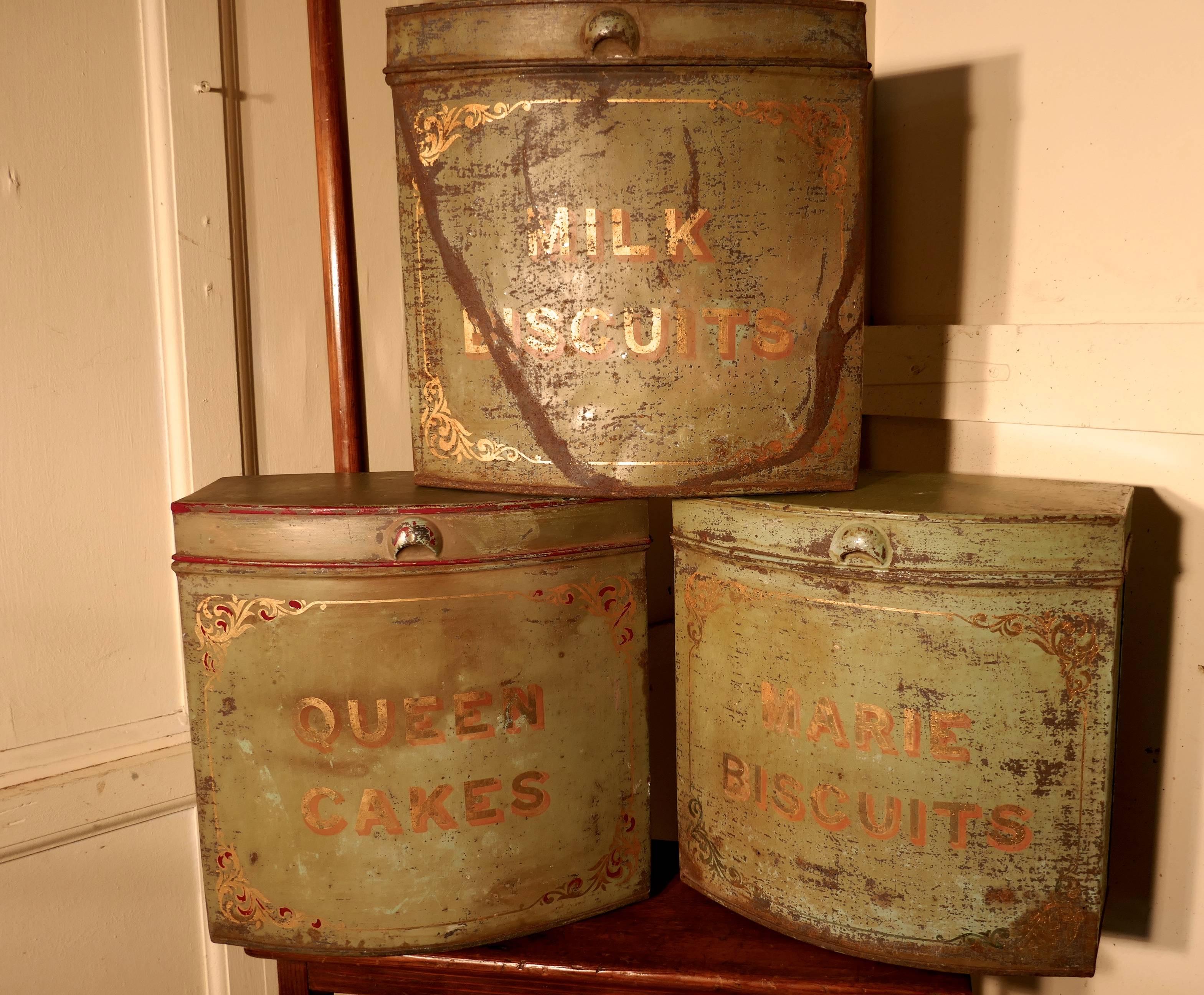 Five Large Victorian Baker’s Shop Tins, Toleware Biscuit Canisters 1