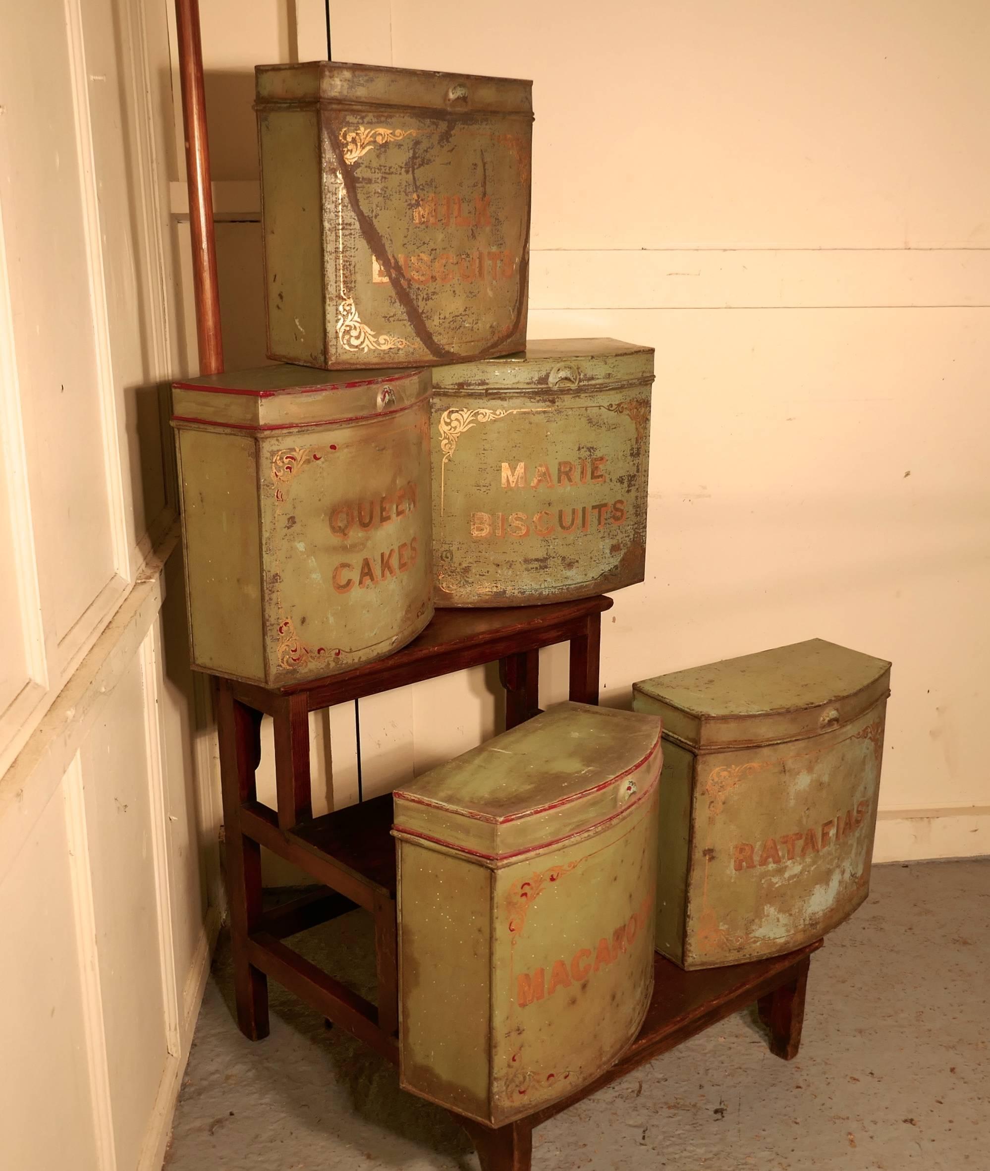 Five Large Victorian Baker’s Shop Tins, Toleware Biscuit Canisters 2