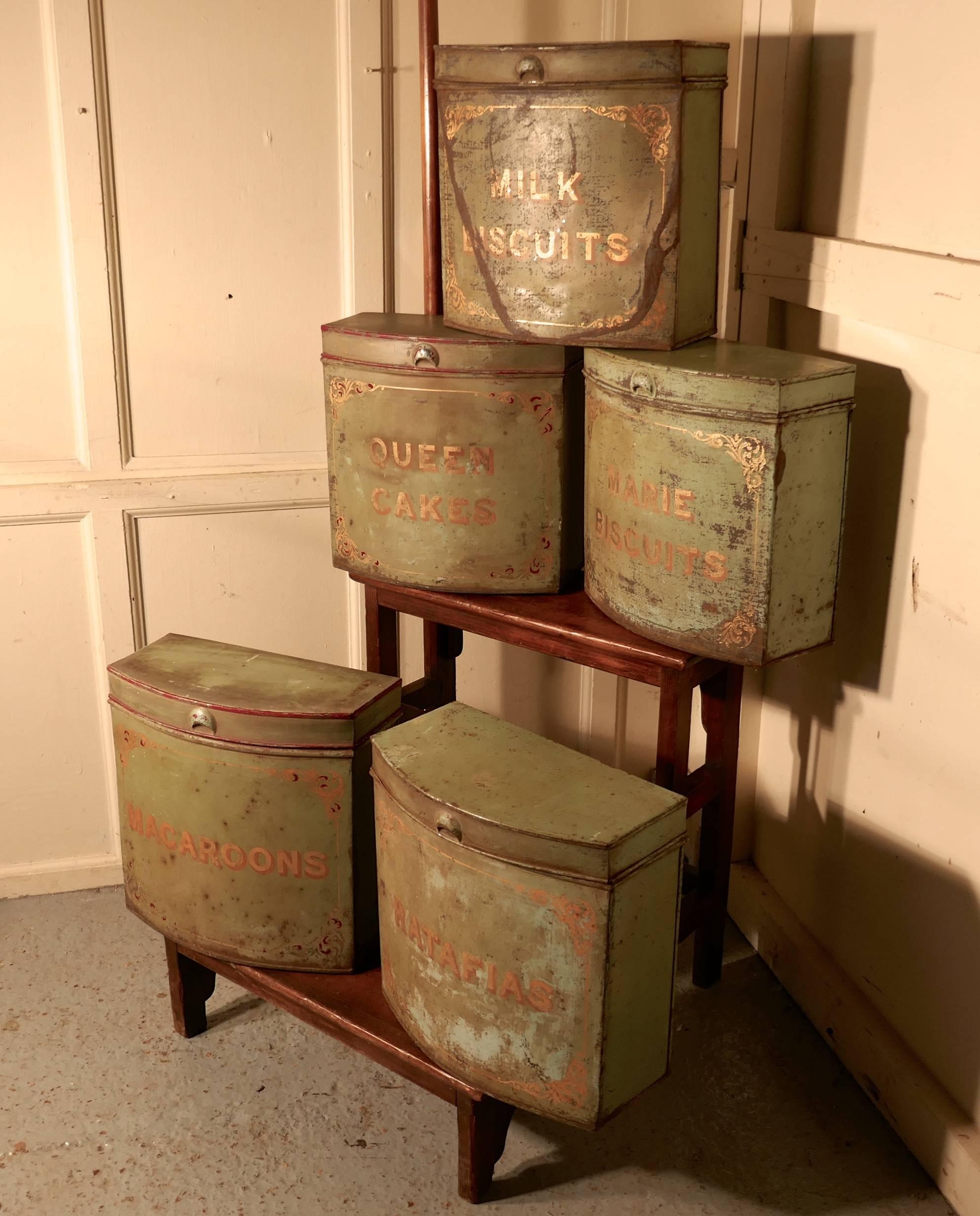 Five Large Victorian Baker’s Shop Tins, Toleware Biscuit Canisters 3