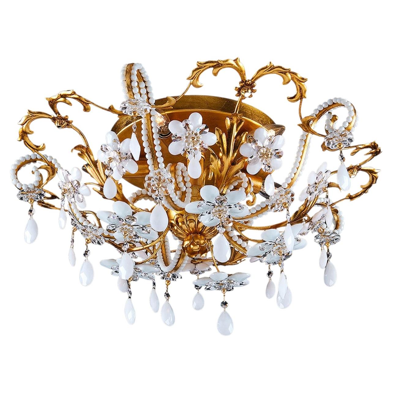 5-Light Antique Gold Leaf Metal and Crystal Ceiling Lamp For Sale