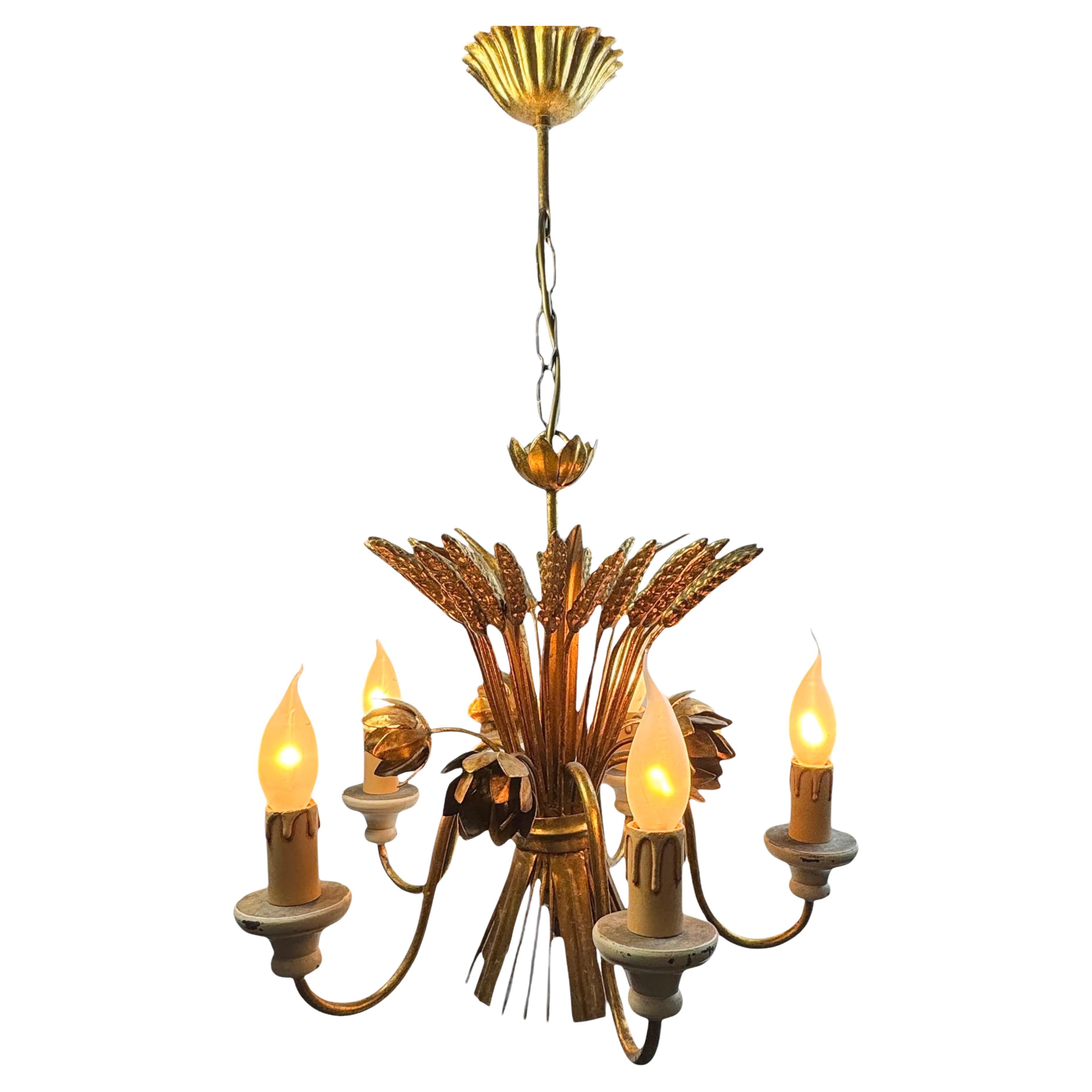 5-Light Gilt Metal Wheat Sheaf Roses Chandelier Tole Toleware Coco Chanel Style