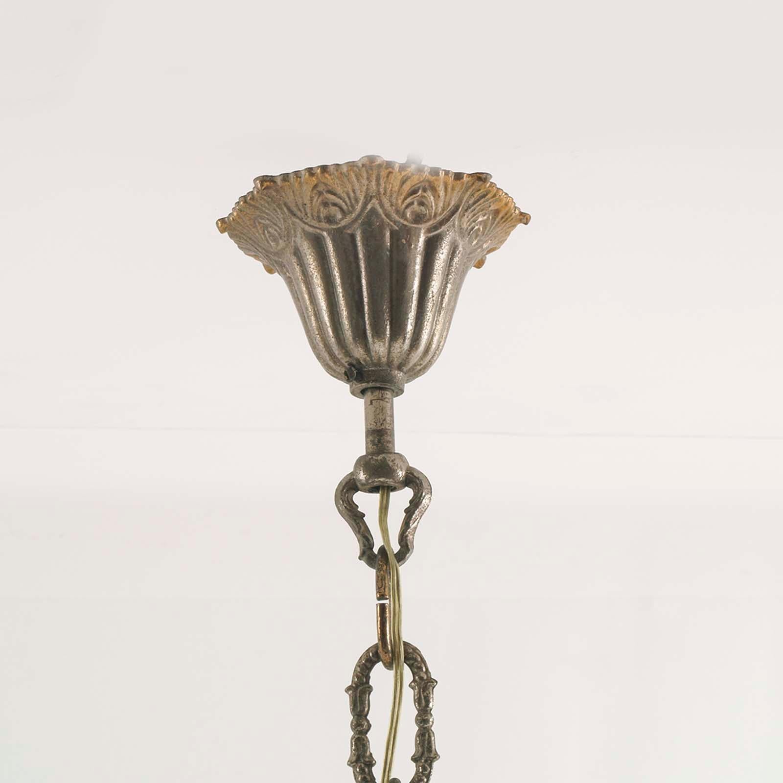Italienischer 5-Licht-Kronleuchter aus den 40er Jahren aus vergoldeter Bronze und Swarovski-Anhängern im Angebot 1