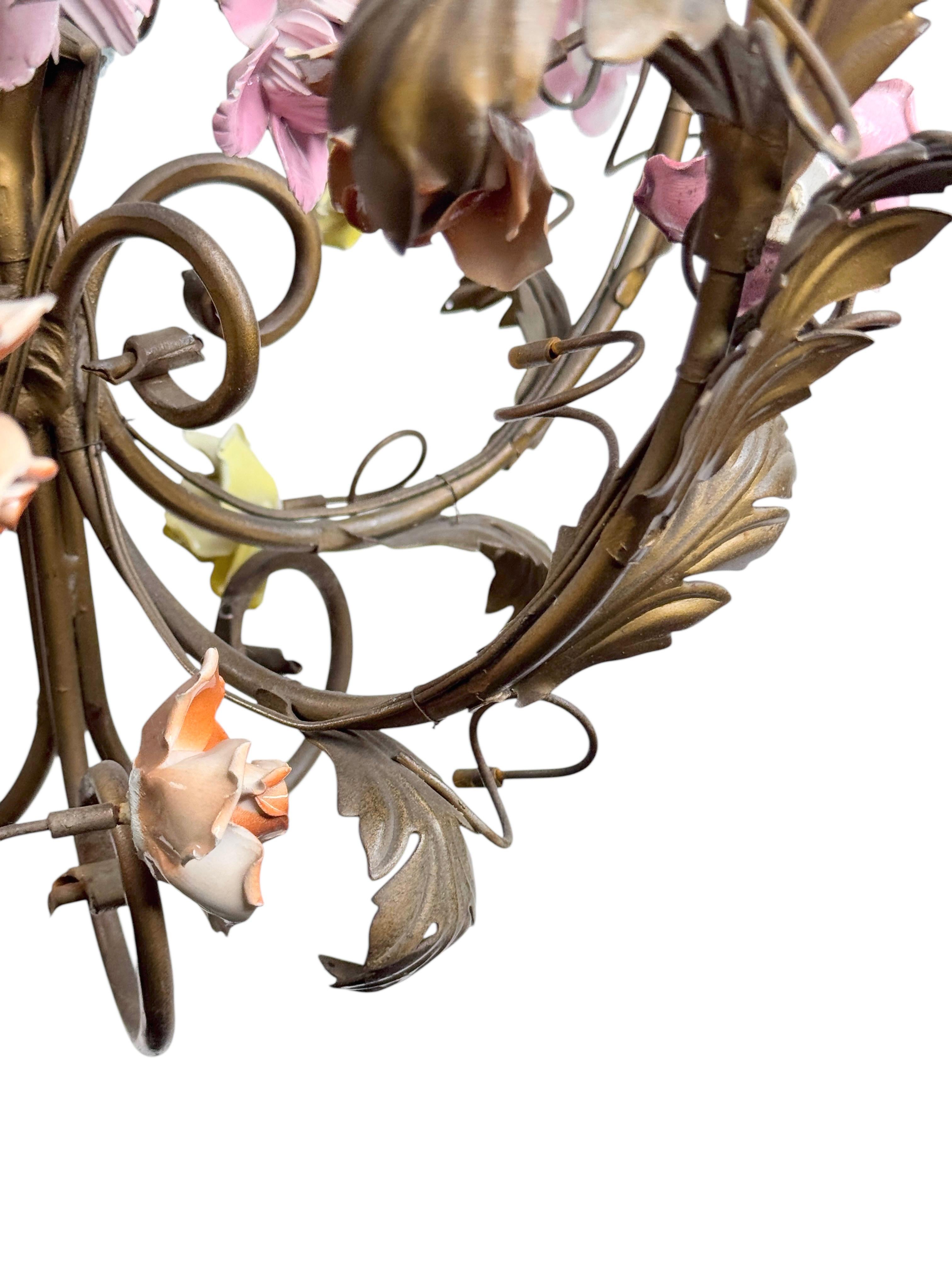 5 Light Italian Gilt, Ceramic Rose Flower Tole Chandelier Hollywood Regency 1940 For Sale 9