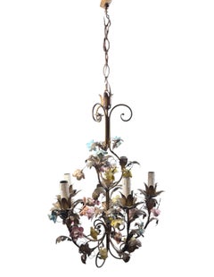 5 Light Italian Gilt, Ceramic Rose Flower Tole Chandelier Hollywood Regency 1940