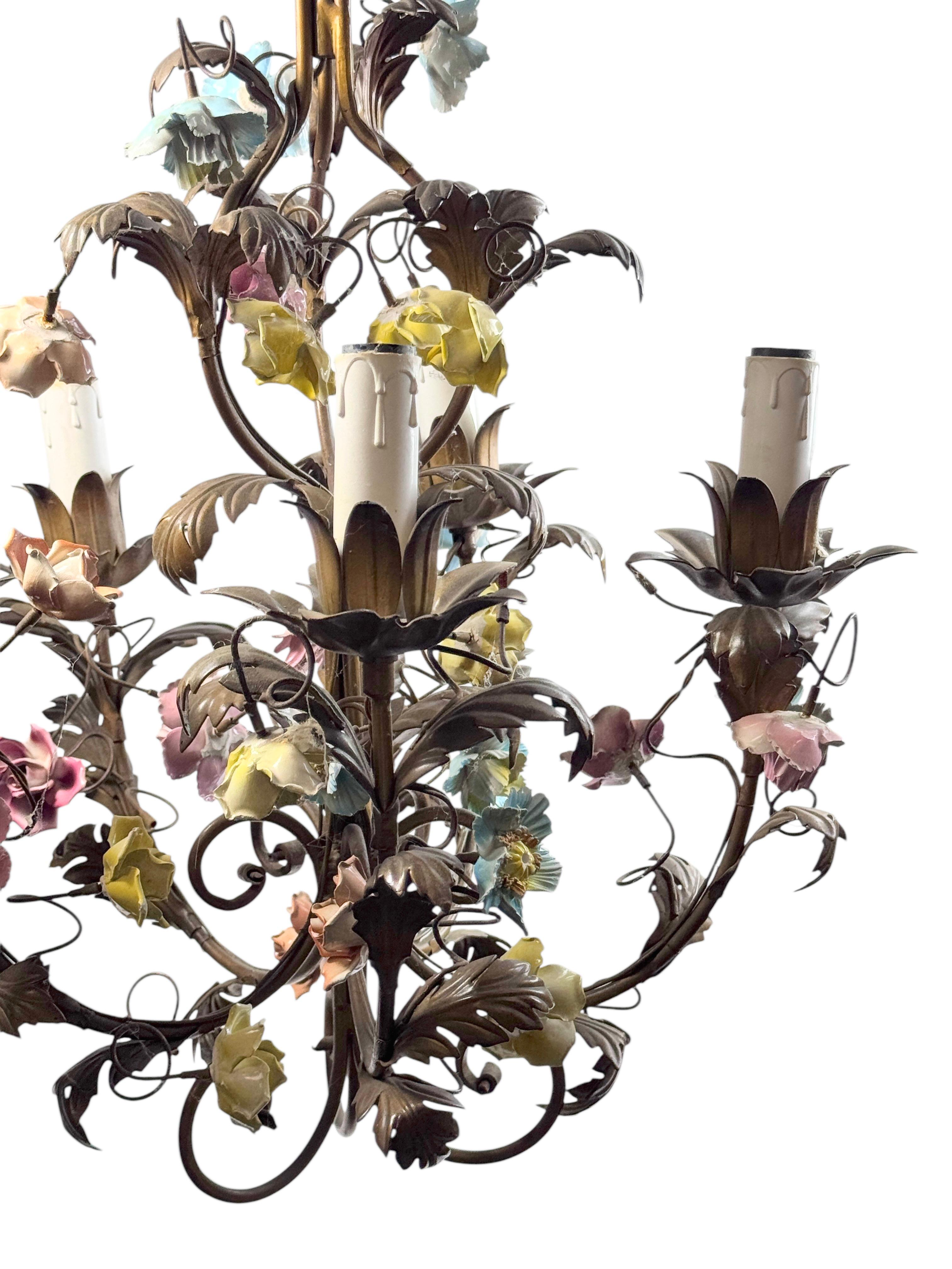 Mid-20th Century 5 Light Italian Gilt, Ceramic Rose Flower Tole Chandelier Hollywood Regency 1940 For Sale