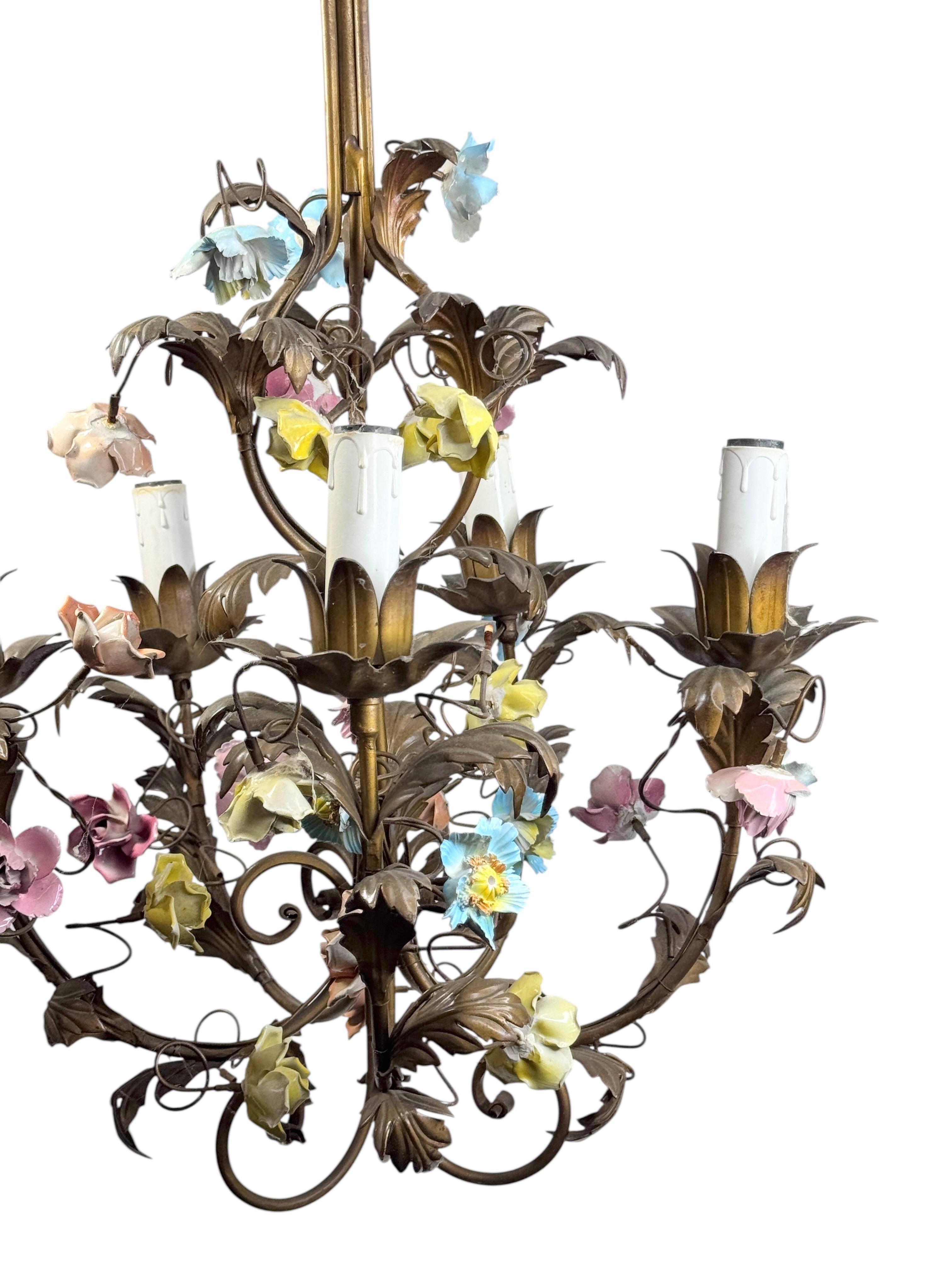 Metal 5 Light Italian Gilt, Ceramic Rose Flower Tole Chandelier Hollywood Regency 1940 For Sale