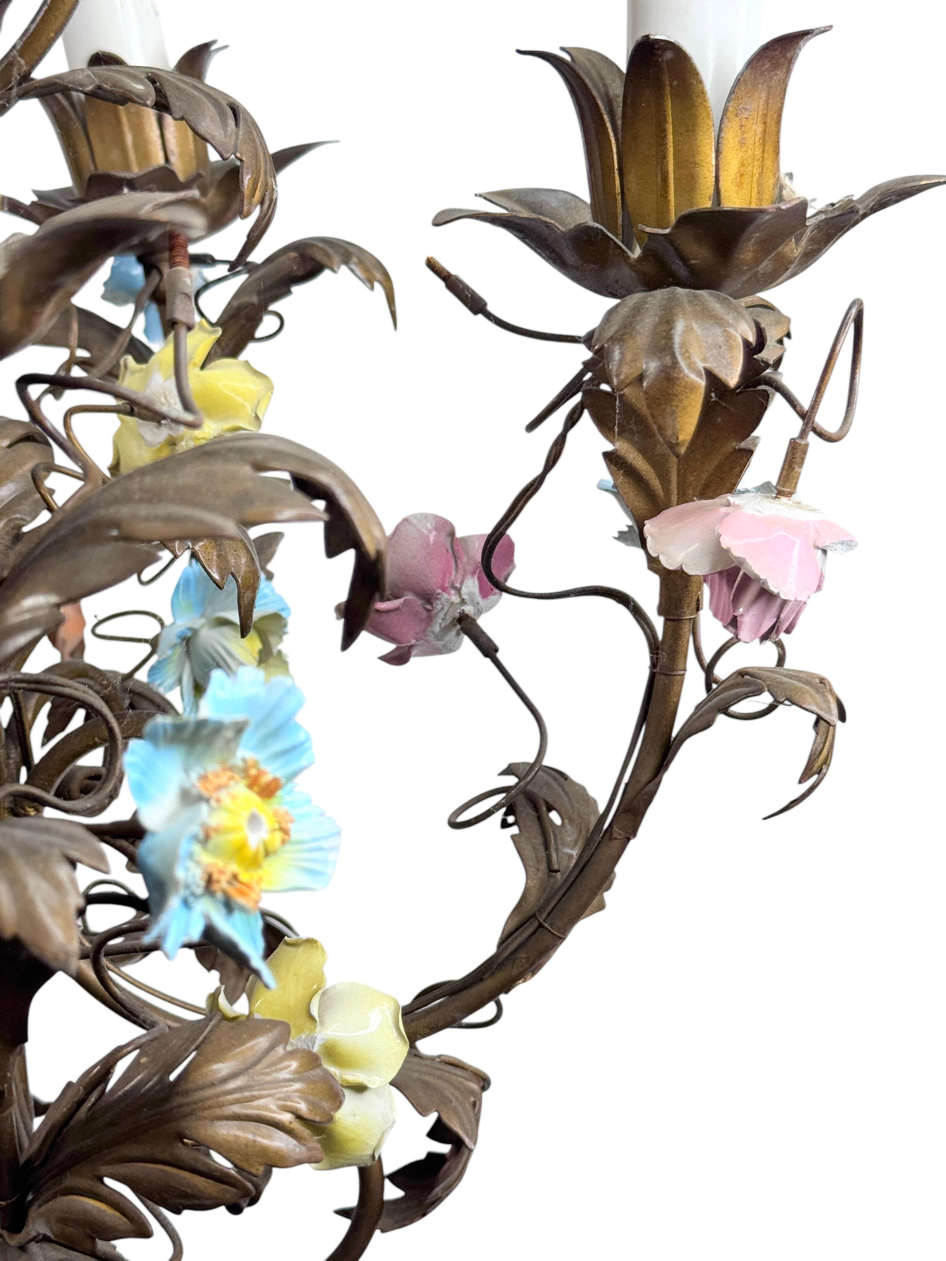 5 Light Italian Gilt, Ceramic Rose Flower Tole Chandelier Hollywood Regency 1940 For Sale 4