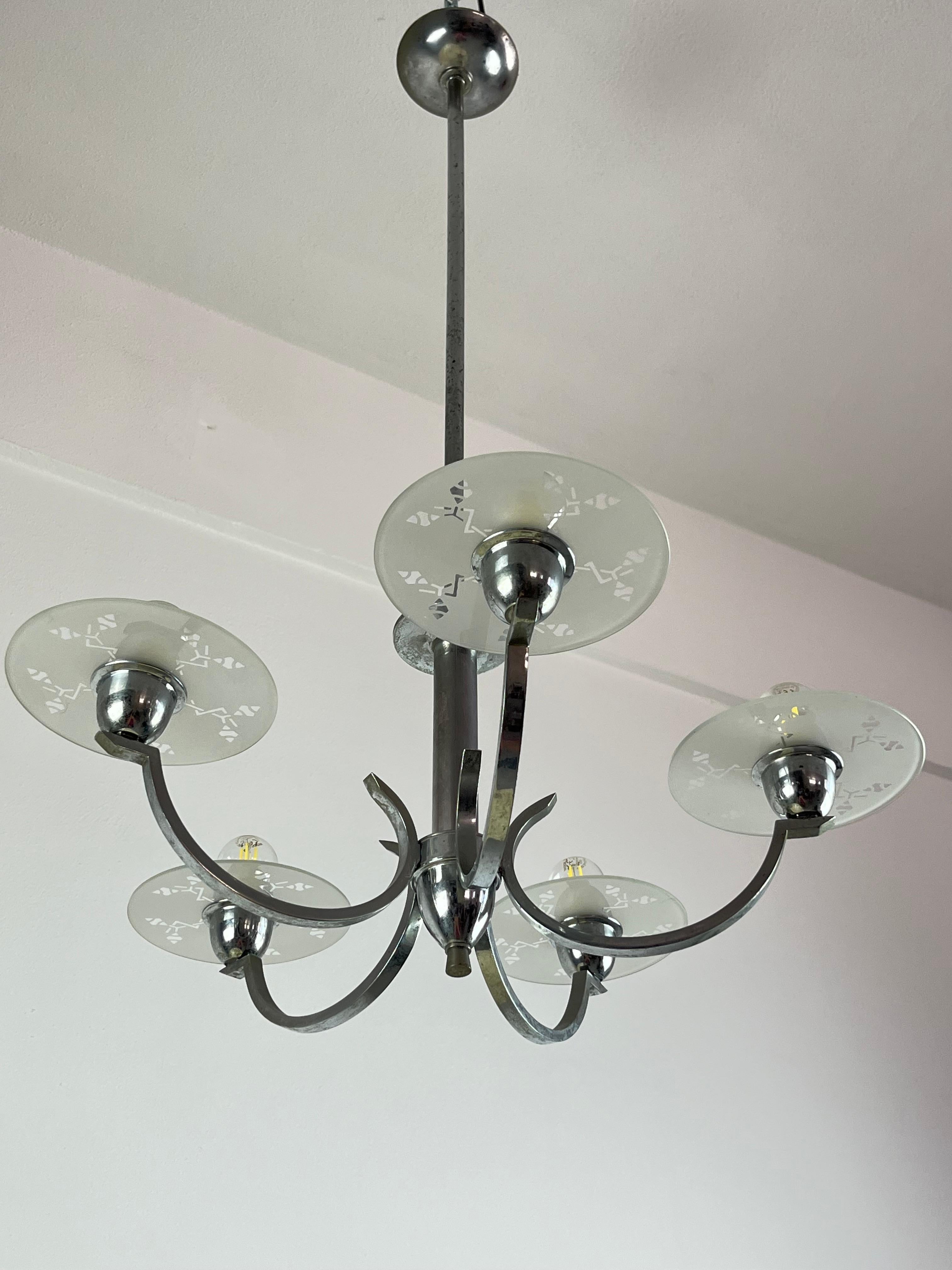 5-light Metal and Glass Chandelier, Italy, 1940s For Sale 4
