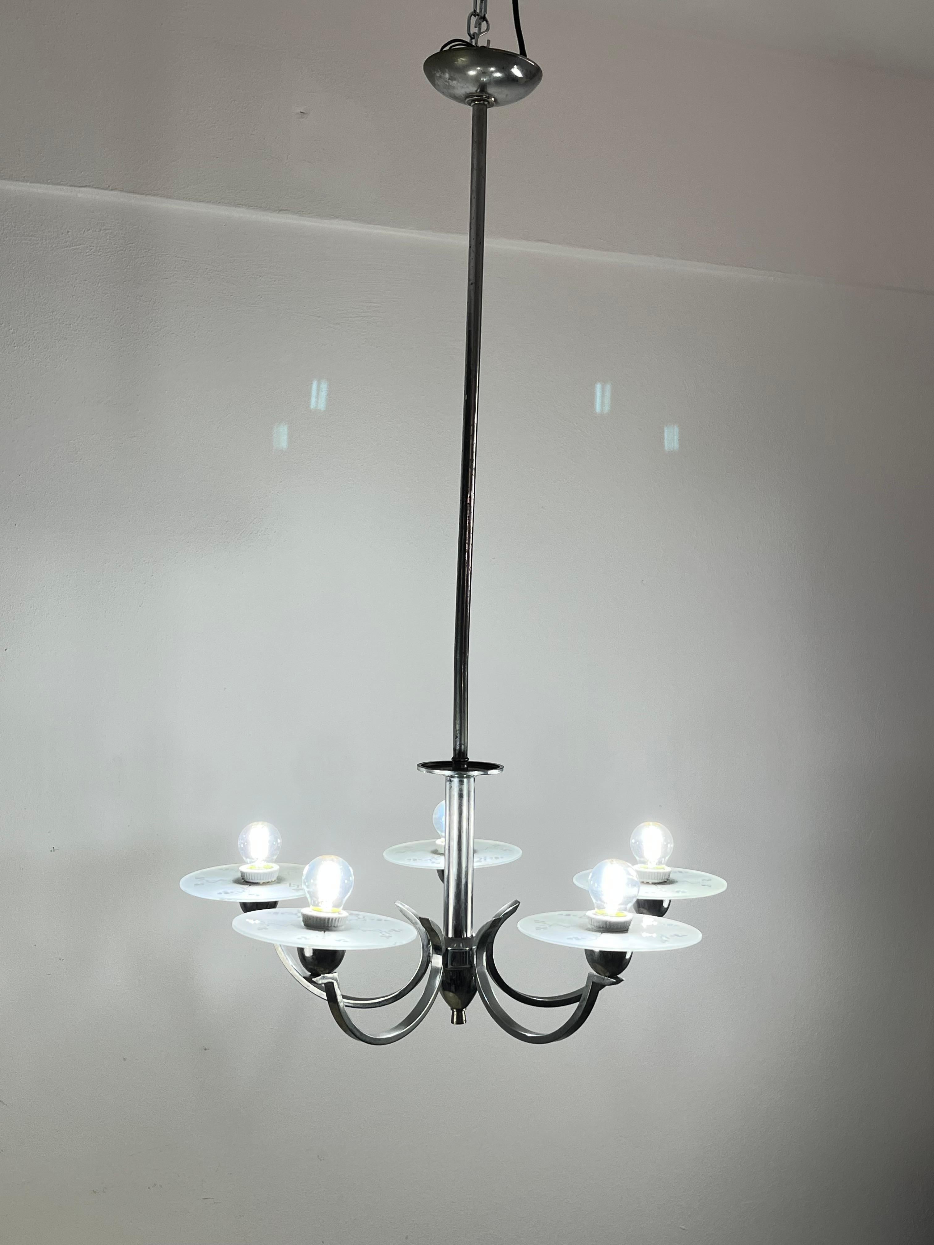 Italian 5-light Metal and Glass Chandelier, Italy, 1940s For Sale