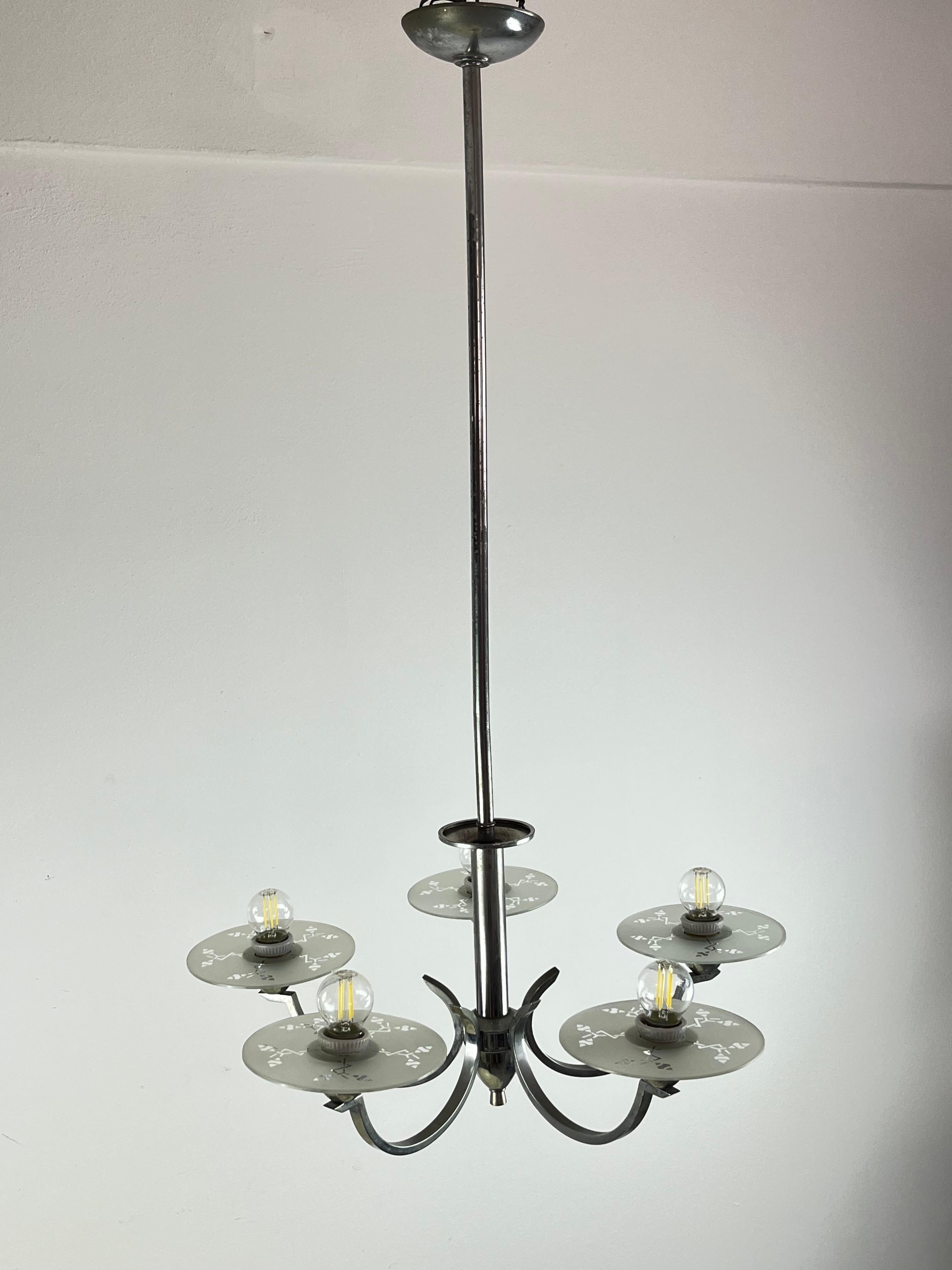 Other 5-light Metal and Glass Chandelier, Italy, 1940s For Sale