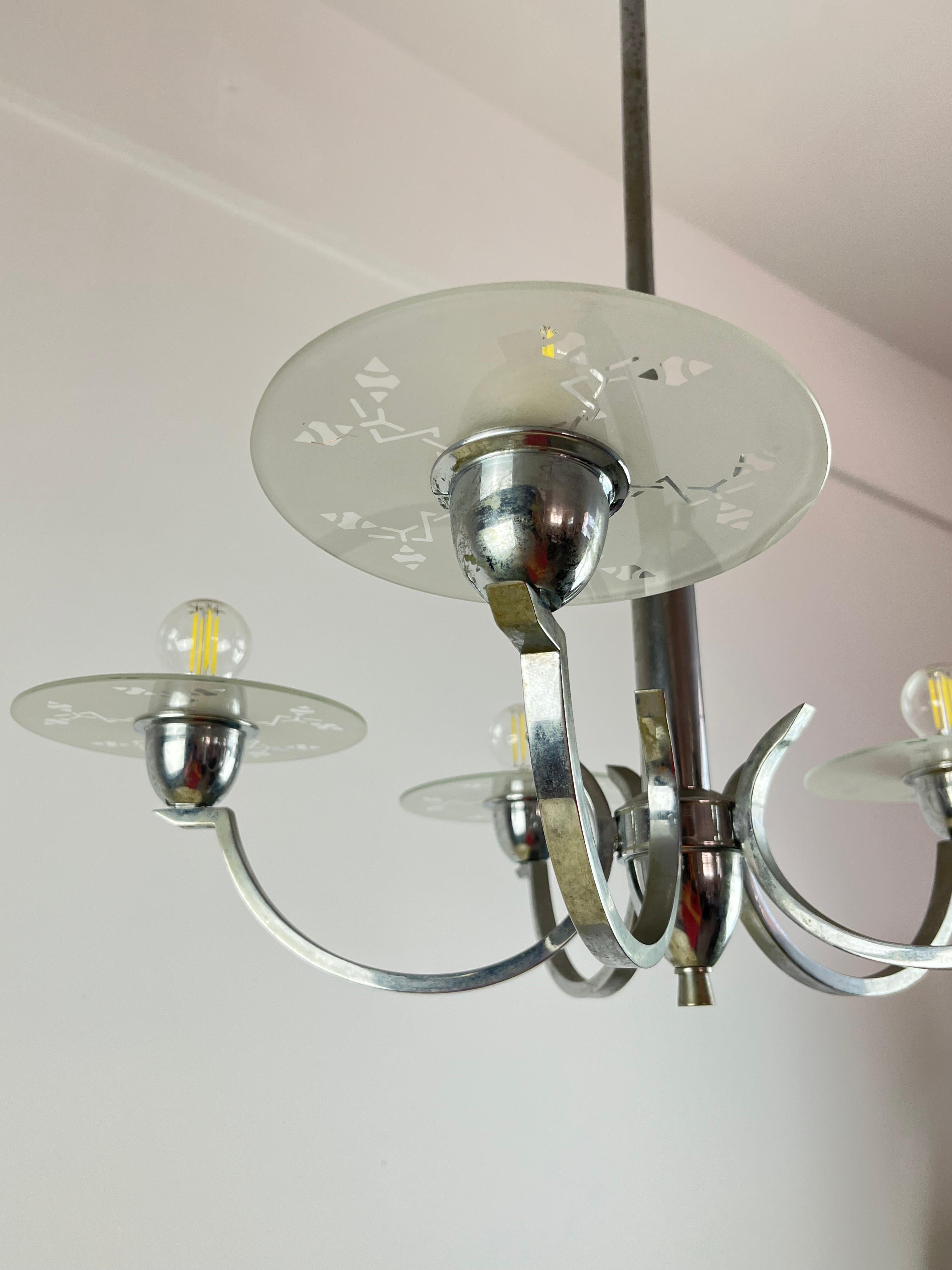 5-light Metal and Glass Chandelier, Italy, 1940s For Sale 2