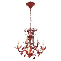 5-Light, Red Painted Foliate Garden Room Chandelier, Italy, Circa:1950