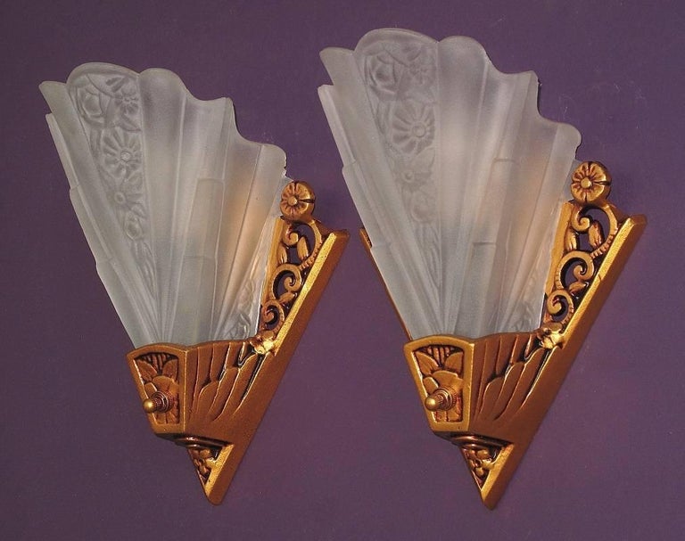 Painted 5 Lightolier Art Deco Bungalow Wall Sconces with Vintage Slip Shades For Sale