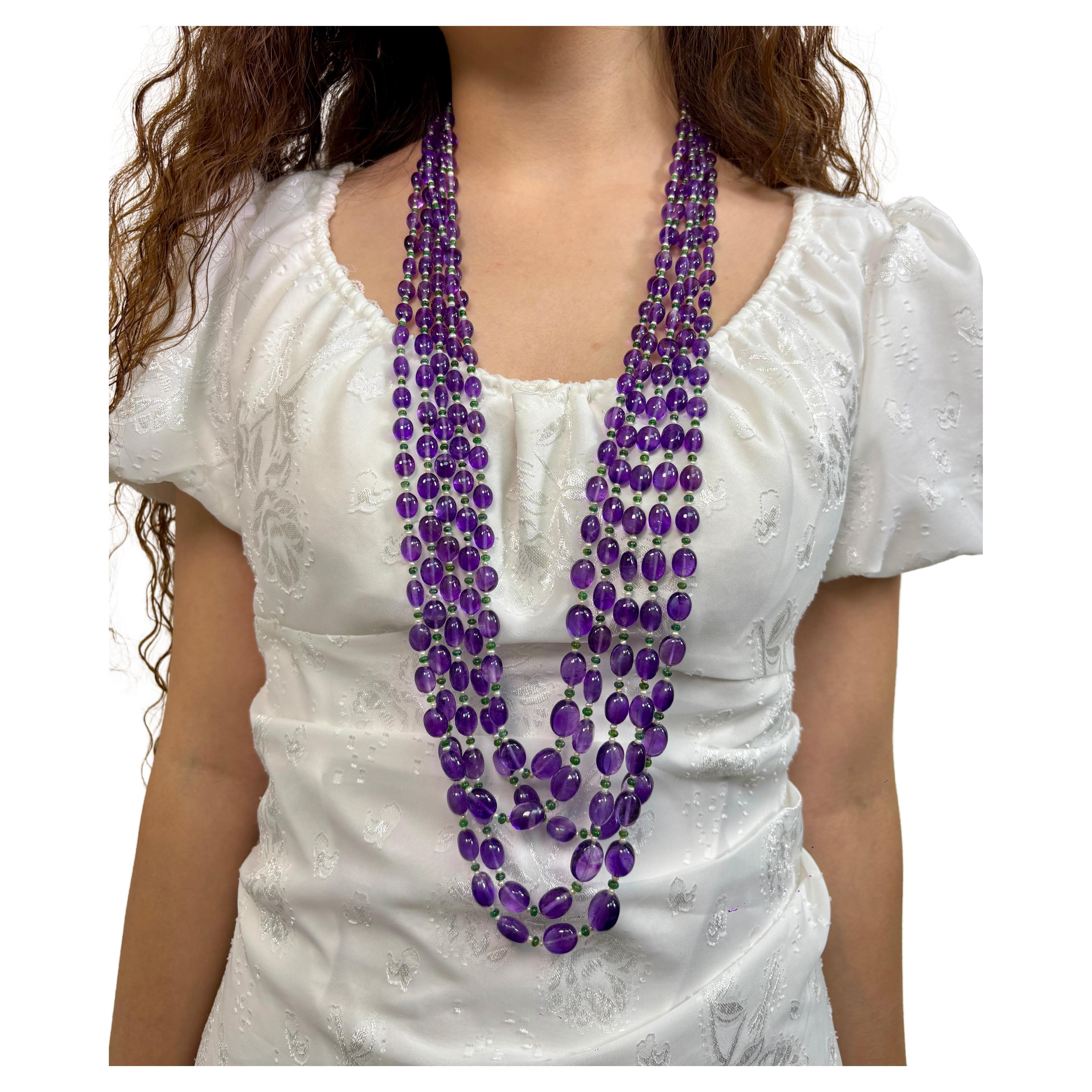 5 Line Amethyst Beads Cts 1124 Pearl Emerald Necklace