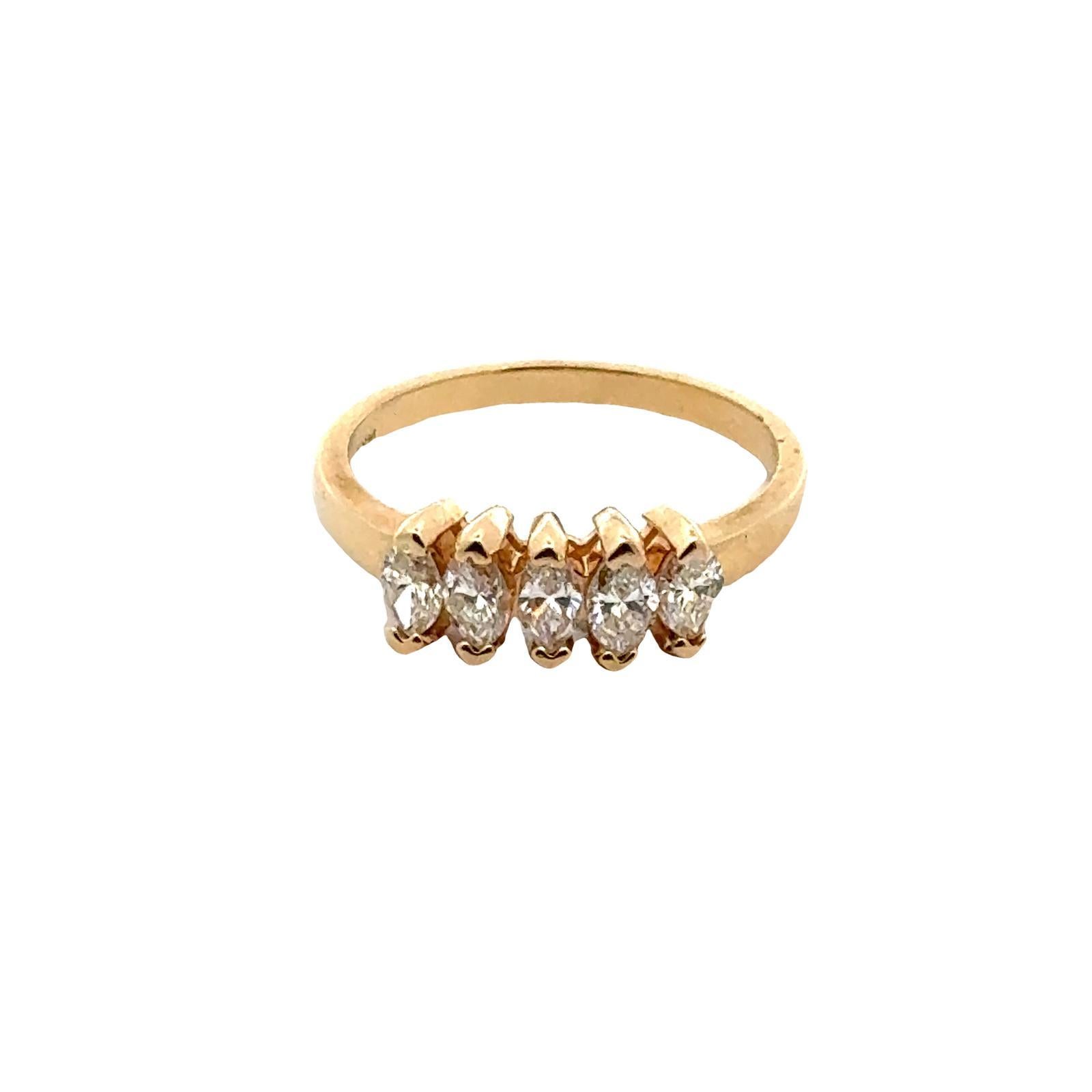 Marquise Cut 5 Marquise Diamond 14 Karat Yellow Gold Wedding Anniversary Stackable Band Ring For Sale