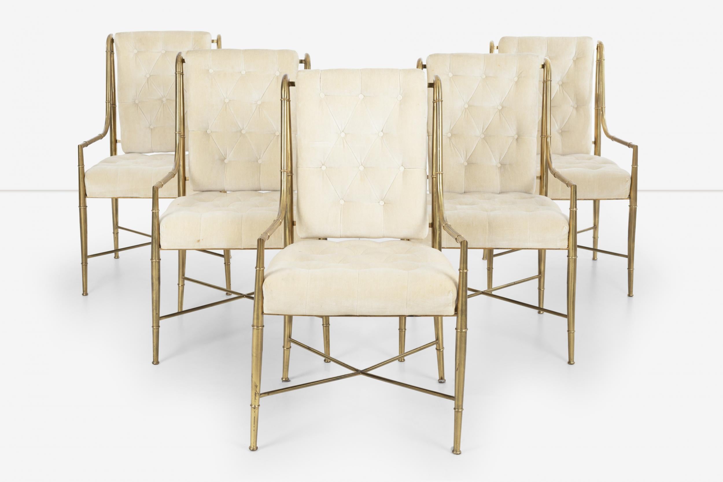 Set of Five Mastercraft for Weiman/Warren Lloyd dining chairs in tubular brass with arms, and accent ring joinery crafted in Italy. Original cotton velvet diamond tufted seat and back.
Fabric is lightly soiled but presents well.
Model P50731.